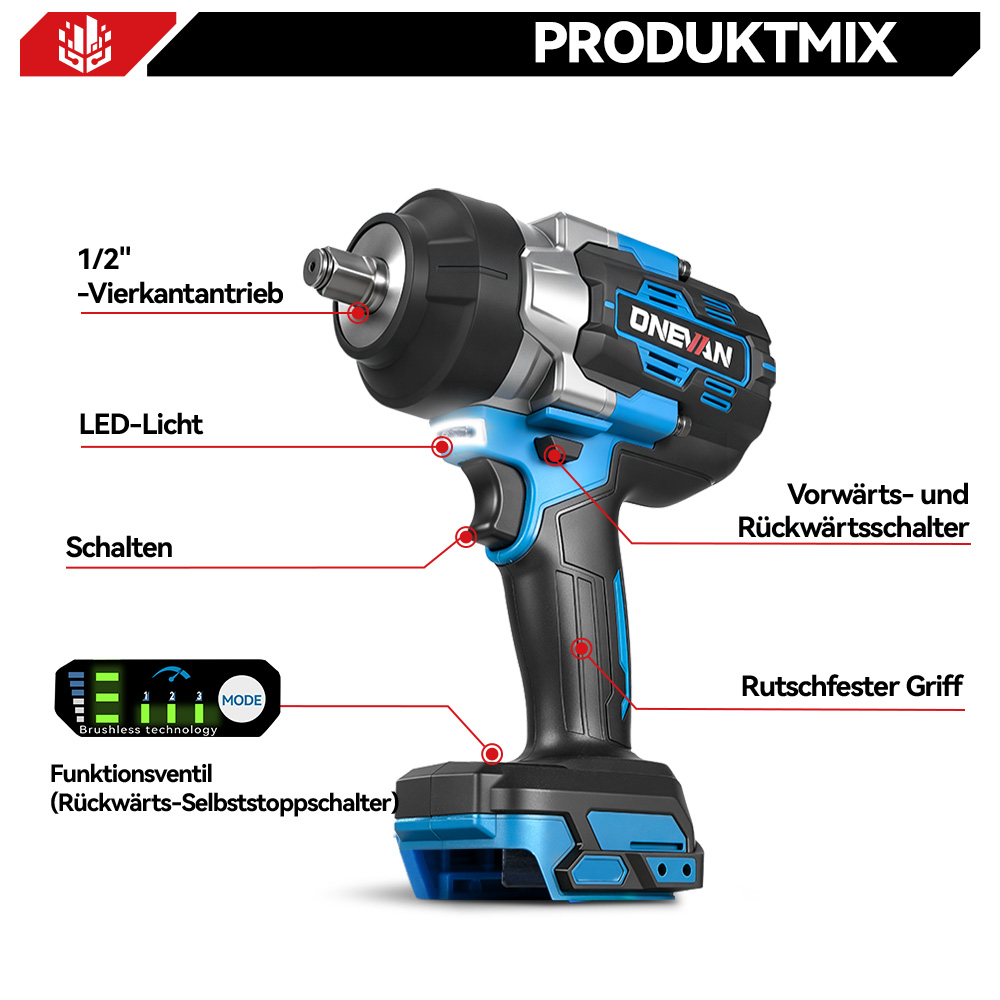 Produktmix-Anzeige einer blauen Akkuschlagschrauber mit Funktionsbeschriftungen.
