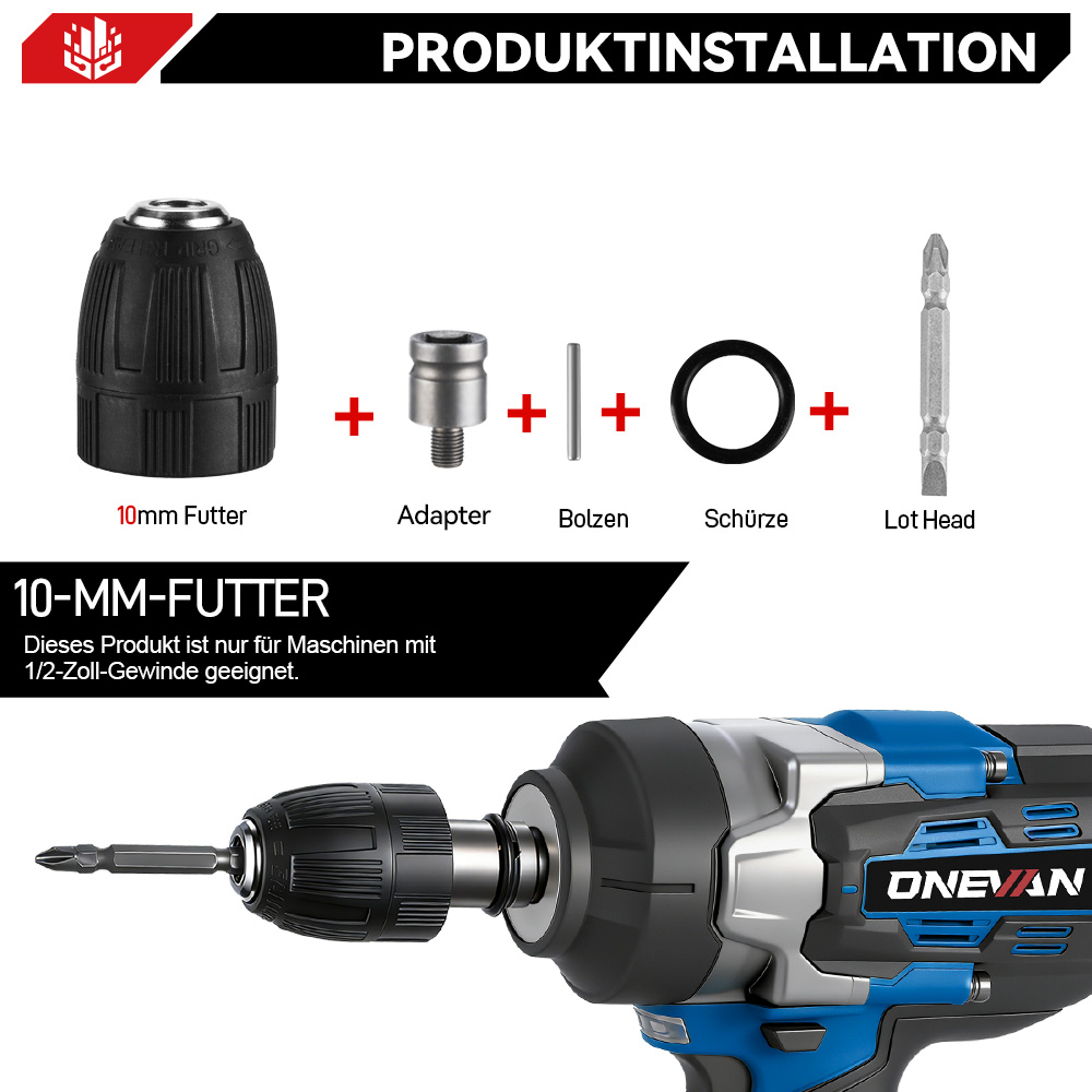 Bohrfutter-Komponenten wie Adapter, Stift, Ring und Bit, montiert an einer blau-schwarzen Bohrmaschine.