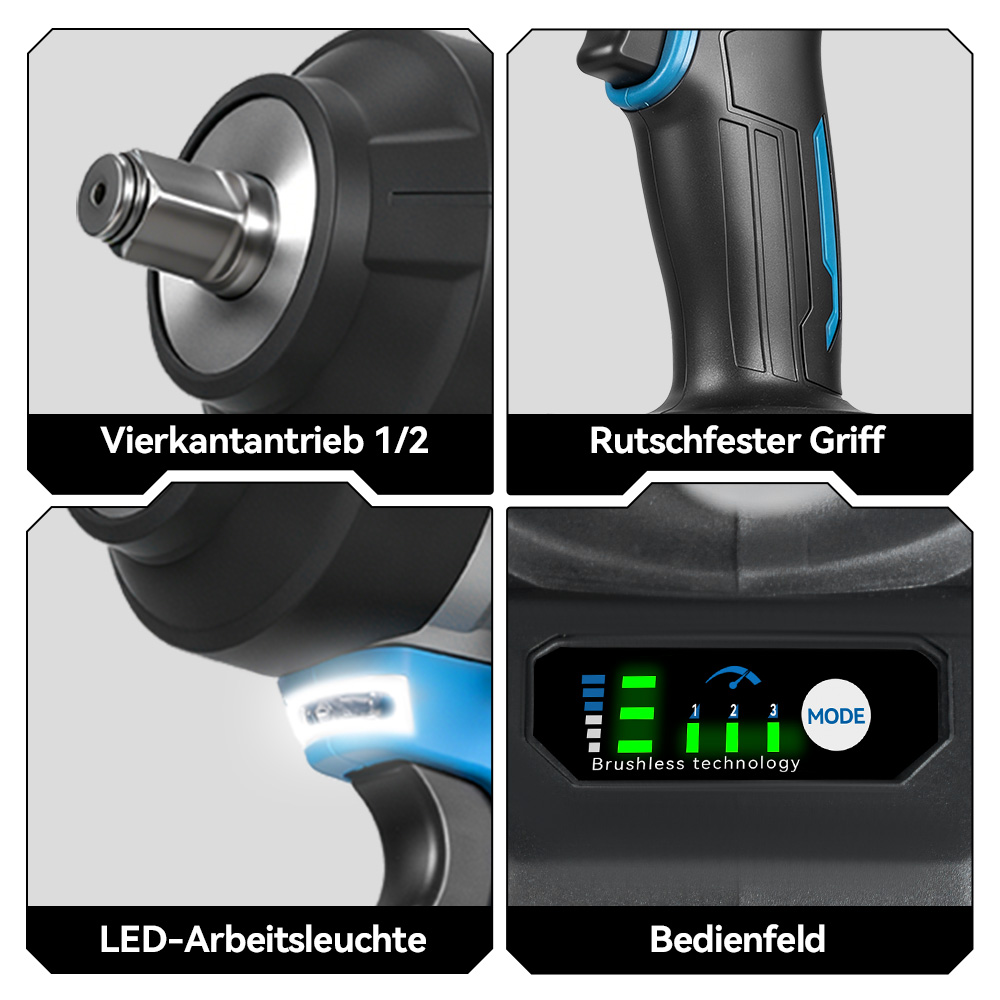 Vier separate Bilder zeigen Details eines Akku-Schlagschraubers: Antrieb, Griff, LED-Licht und Bedienfeld.