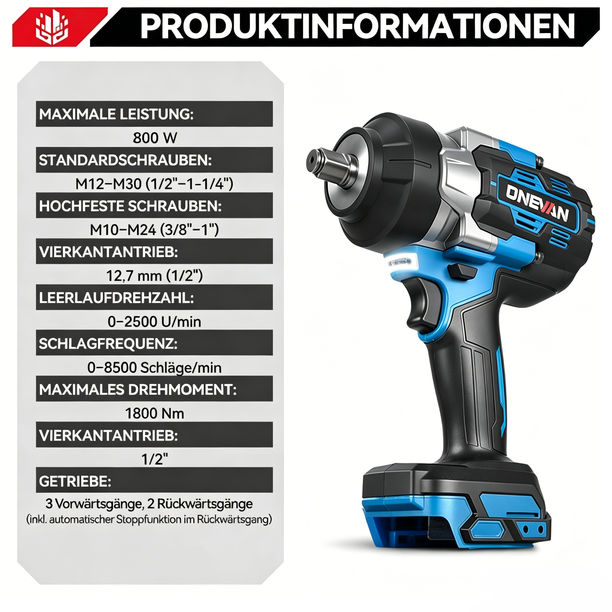 Blaue und schwarze Akku-Schlagschrauber mit technischer Produktspezifikation auf weißem Hintergrund.