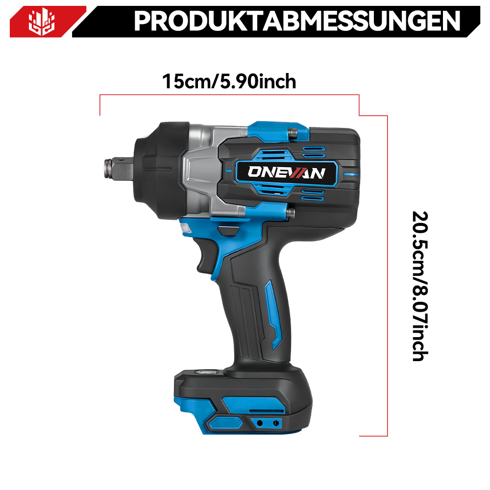 Llave de impacto ONEVAN azul y negra con dimensiones de 15 cm de ancho y 20.5 cm de alto sobre fondo blanco.