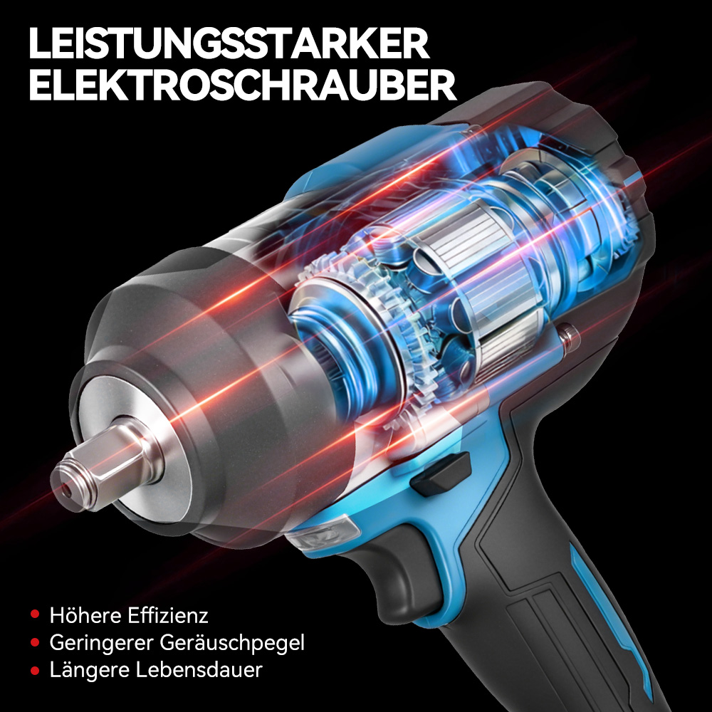 Blaue Elektroschraube mit transparenter Ansicht des internen Motors und roten Lichteffekten auf schwarzem Grund.