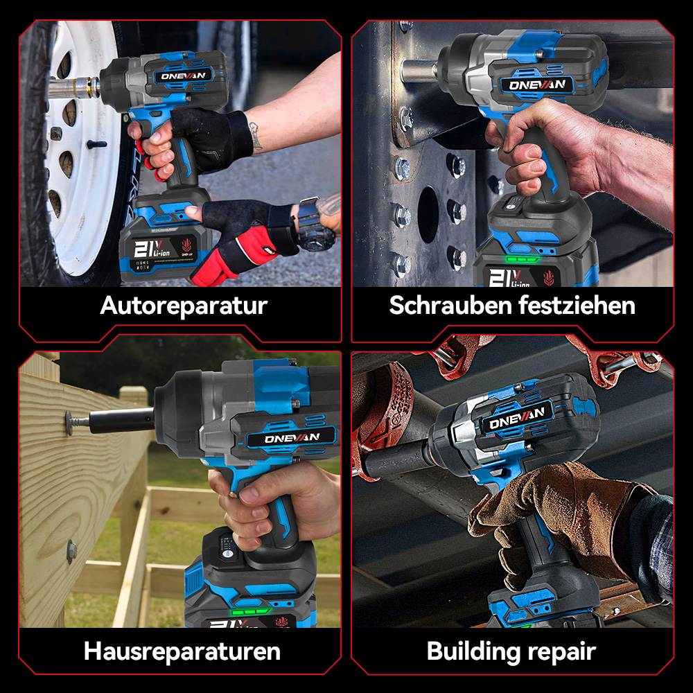 Vier Bilder zeigen die Anwendung eines blauen Akku-Schlagschraubers bei Autoreparatur, Schrauben, Holz und Bau.