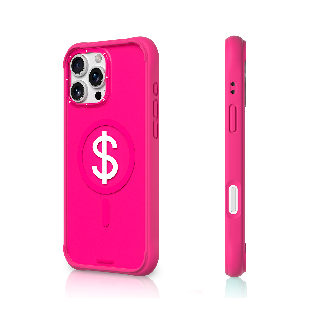Una funda de teléfono rosa brillante con un símbolo de dólar blanco.