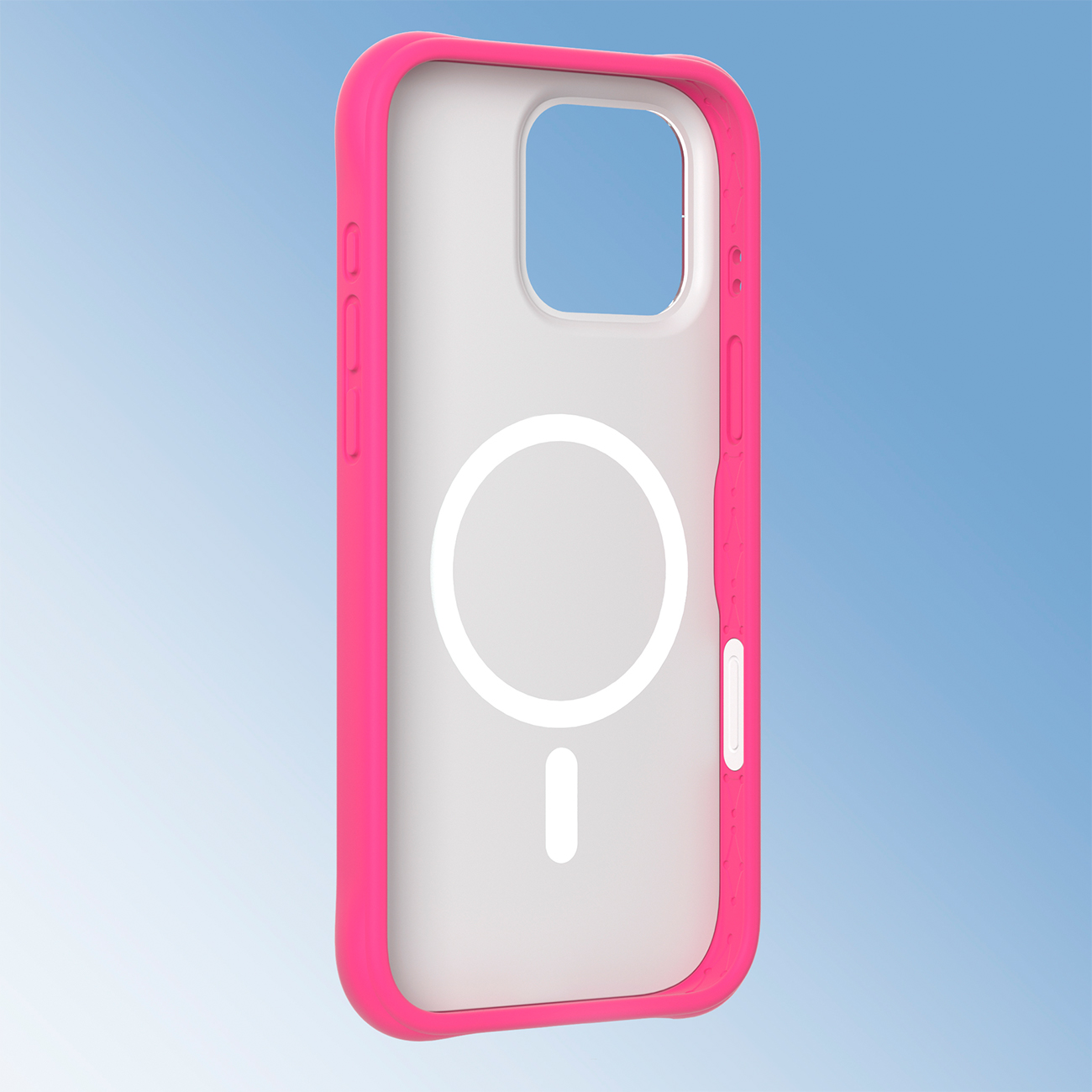 Una funda rosa para teléfono con un anillo MagSafe sobre un fondo degradado azul claro.