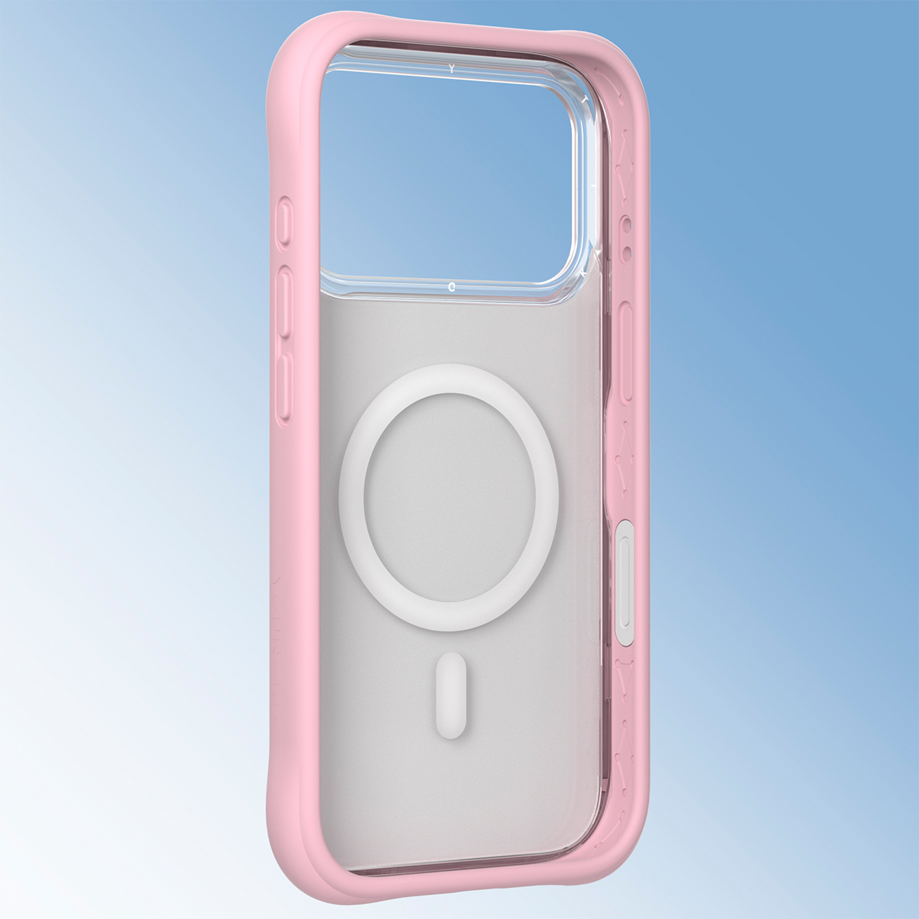 Una funda rosa claro con parte trasera transparente y un anillo magnético blanco sobre fondo degradado azul.