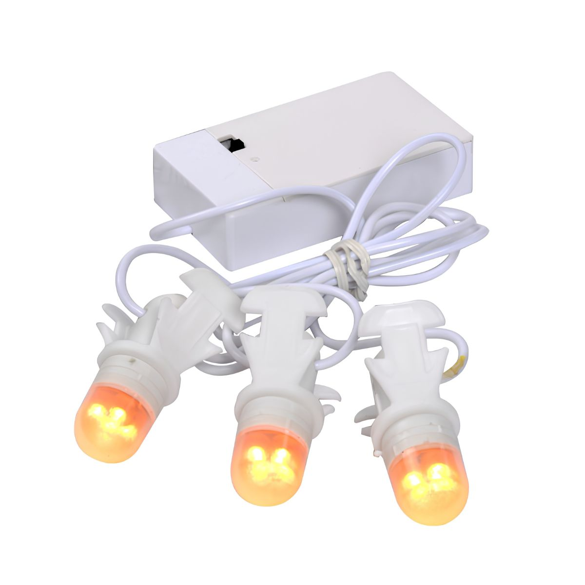 Drie oplichtende oranje LED-lampjes met witte houder en batterijdoos op een witte achtergrond.