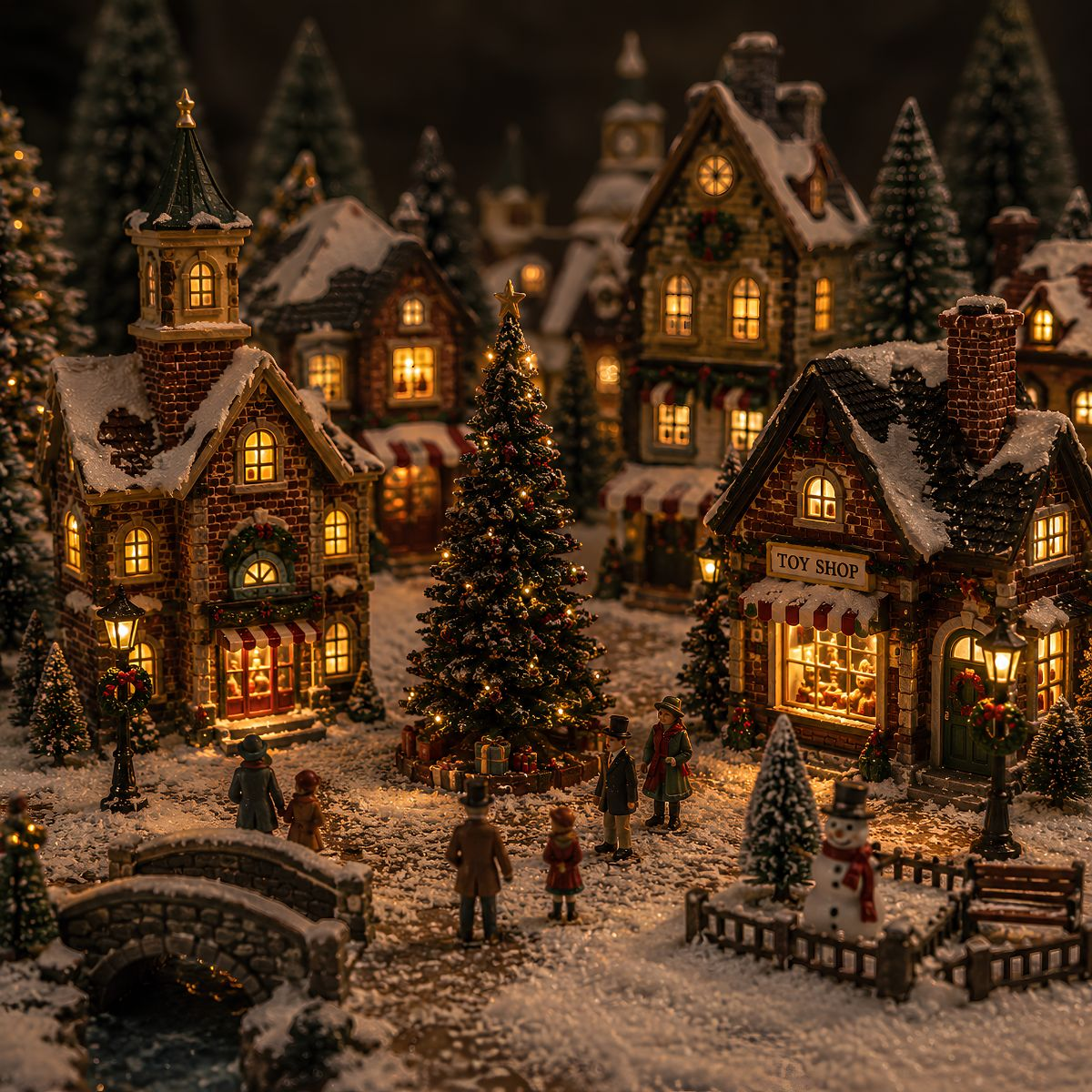 Verlicht kerstdorp met besneeuwde huizen, een versierde boom, beeldjes, een stenen brug en een sneeuwman.