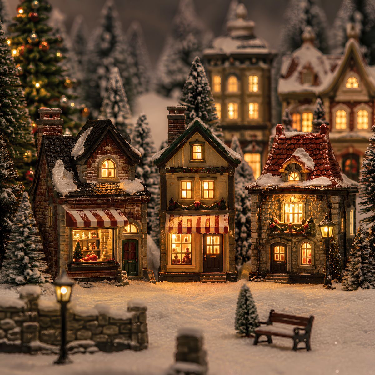Besneeuwd kerstdorp met verlichte huizen, dennenbomen en een bankje op de voorgrond.