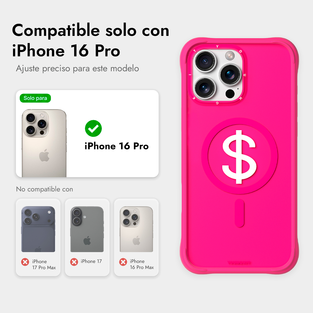 Funda rosa brillante para iPhone 16 Pro con logo de dólar blanco y texto de compatibilidad.