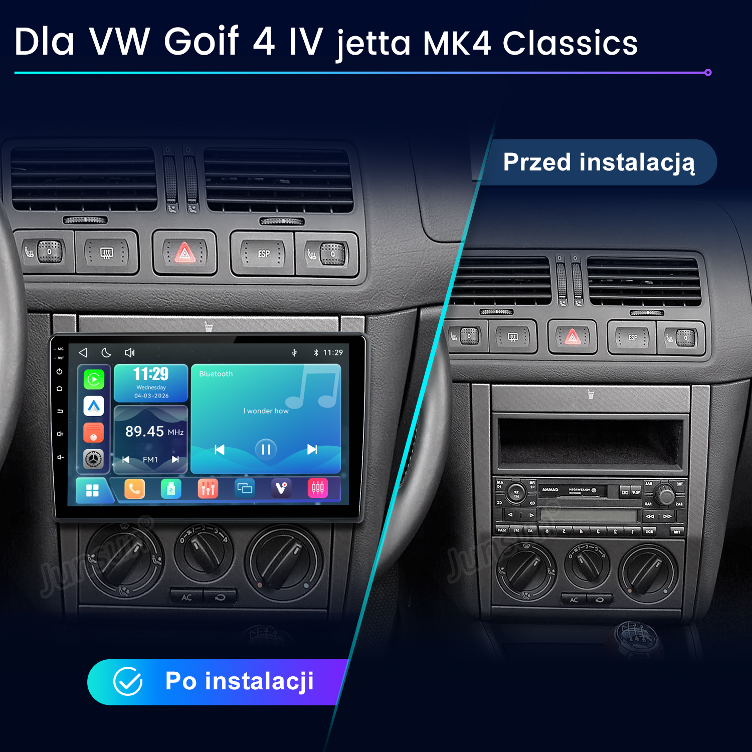 Porównanie deski rozdzielczej VW przed i po instalacji nowego radia.