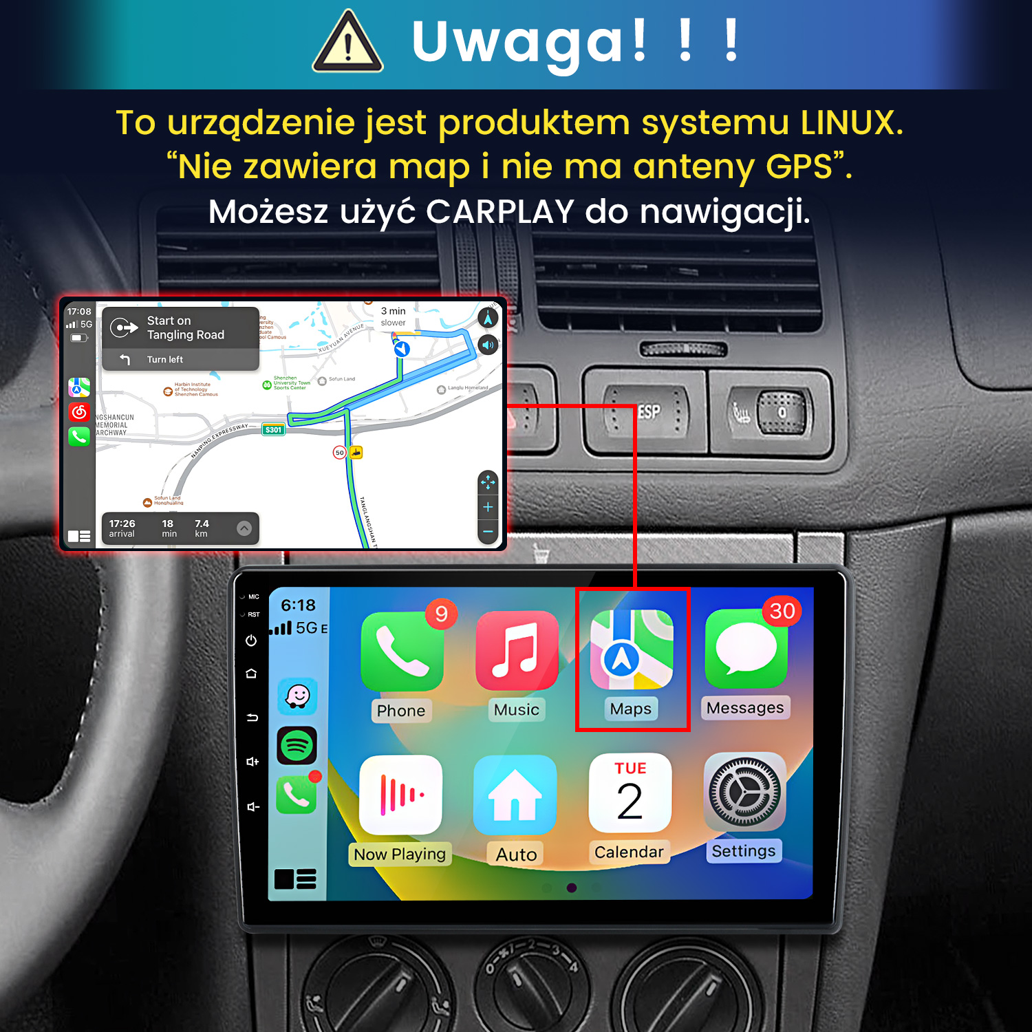 Deska rozdzielcza samochodu z ekranem dotykowym pokazującym aplikacje CarPlay i mapę nawigacji.