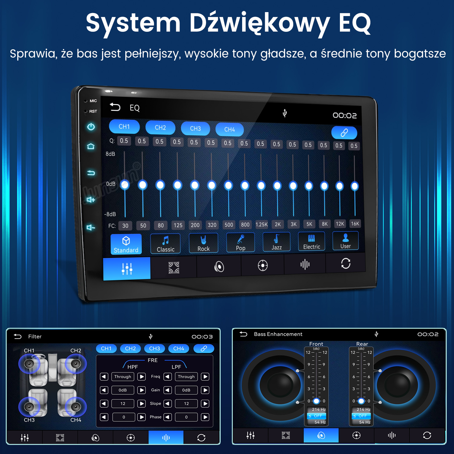 Samochodowy system audio wyświetla interfejs korektora cyfrowego z niebieskimi elementami.