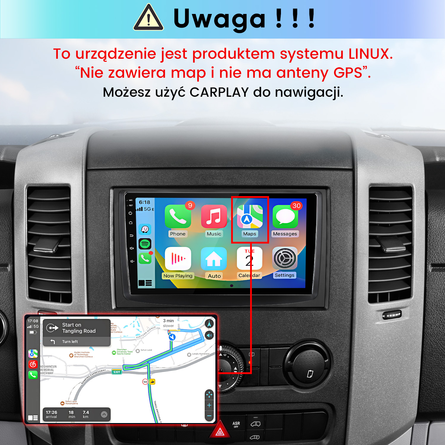Wyświetlacz carplay w samochodzie z tekstem ostrzegawczym w języku polskim.