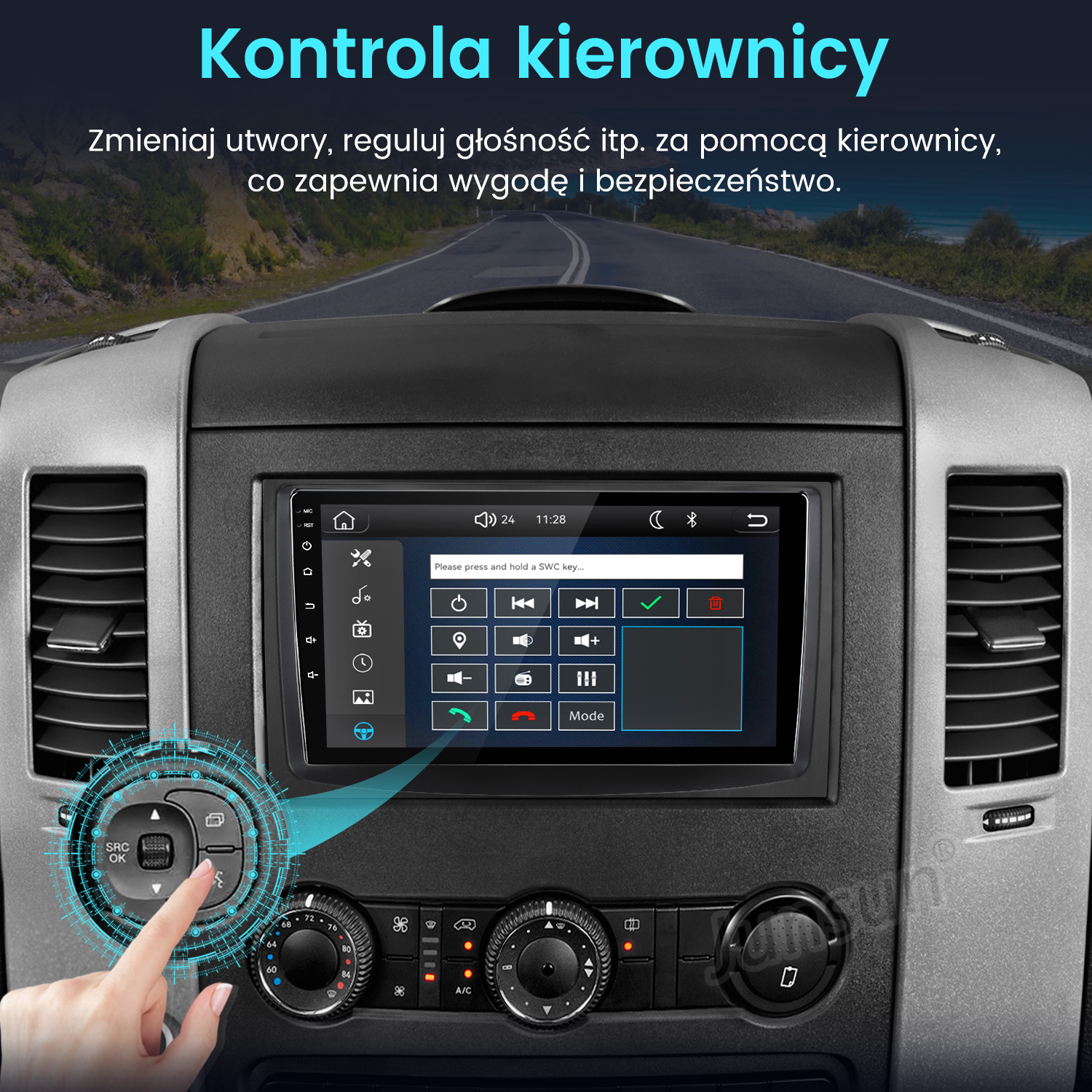 Ekran systemu informacyjno-rozrywkowego w samochodzie na desce rozdzielczej z niebieskimi ikonami.