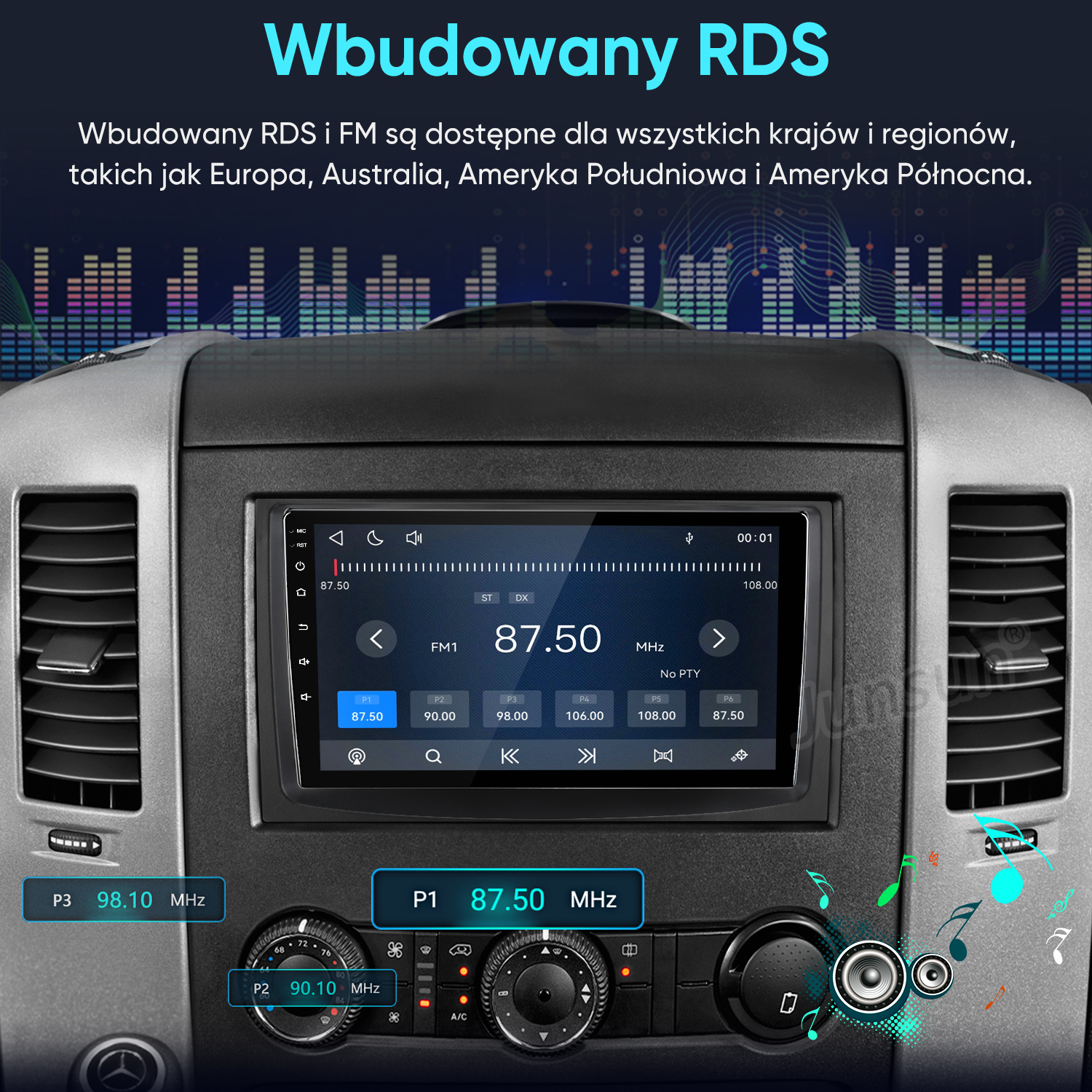 Deska rozdzielcza auta z cyfrowym radiem na 87,50 MHz i polskim tekstem.