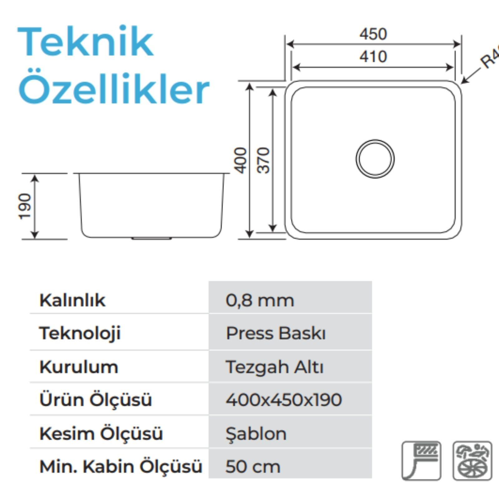 Ölçü işaretleri ve teknik özellikleriyle birlikte dikdortgen evyenin teknik çizimi.