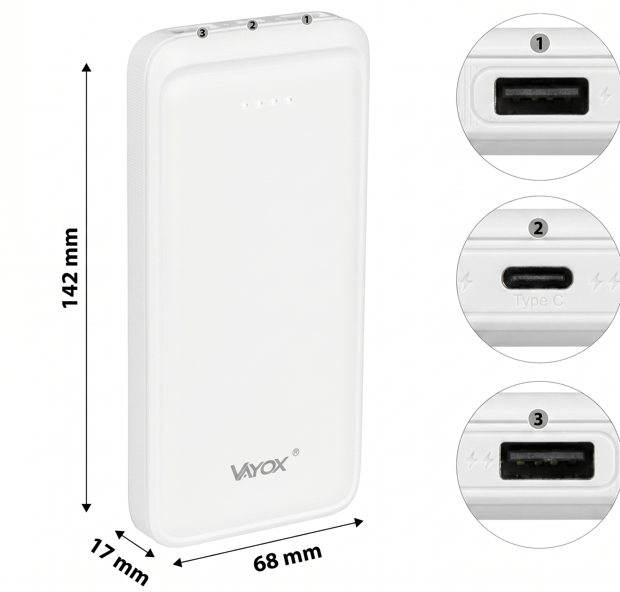 Biały powerbank z wymiarami i zbliżeniami trzech portów.