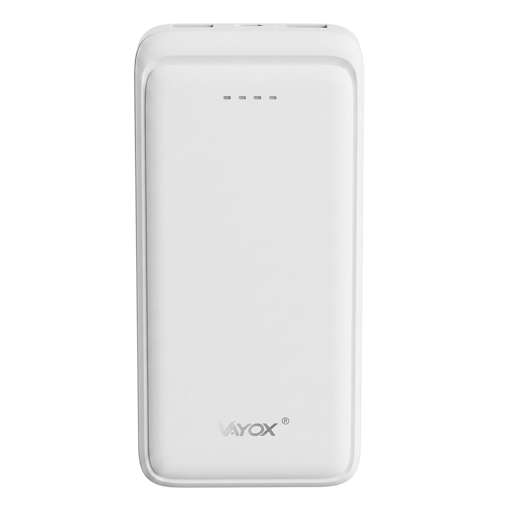 Biały powerbank Vayox z czterema małymi diodami LED u góry i nazwą marki na dole, na białym tle.