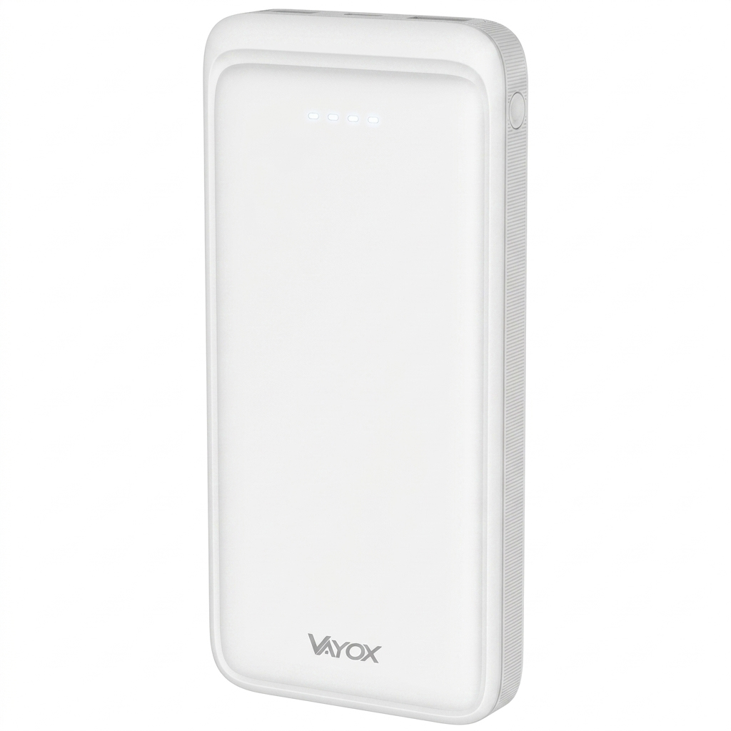 Biały powerbank Vayox z czterema diodami LED i przyciskiem zasilania z boku.