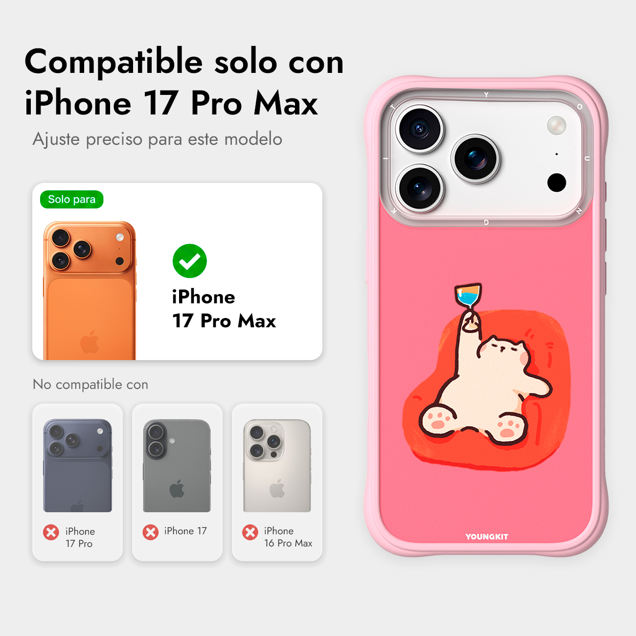 Funda rosa para iPhone 17 Pro Max con un gato de dibujos animados bebiendo jugo sobre una alfombra roja.