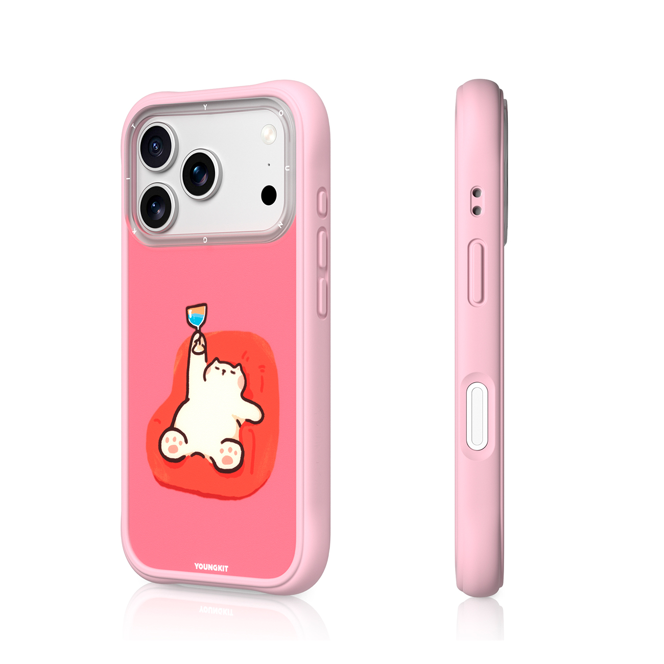 Funda de teléfono rosa con un gato blanco de dibujos animados sosteniendo una bebida.