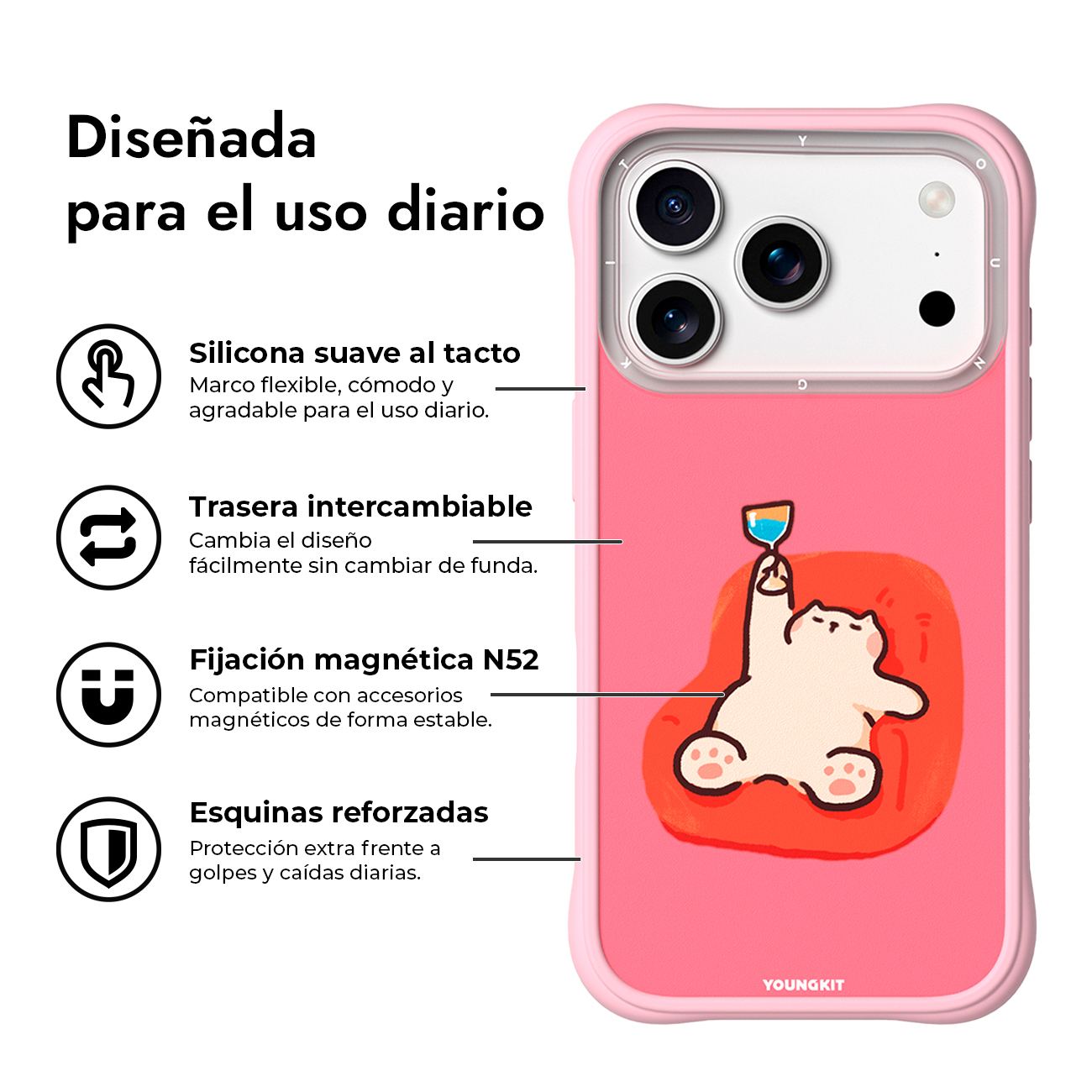 Funda rosa para móvil con ilustración de gato y cuatro cajas descriptivas de características.
