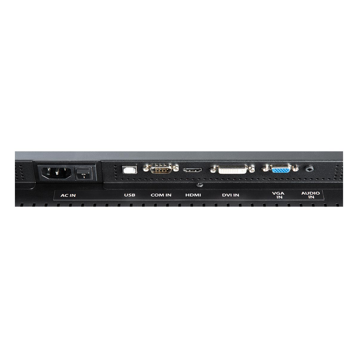 Tylny panel monitora z portami: AC, USB, COM, HDMI, DVI, VGA i Audio, z białymi oznaczeniami.