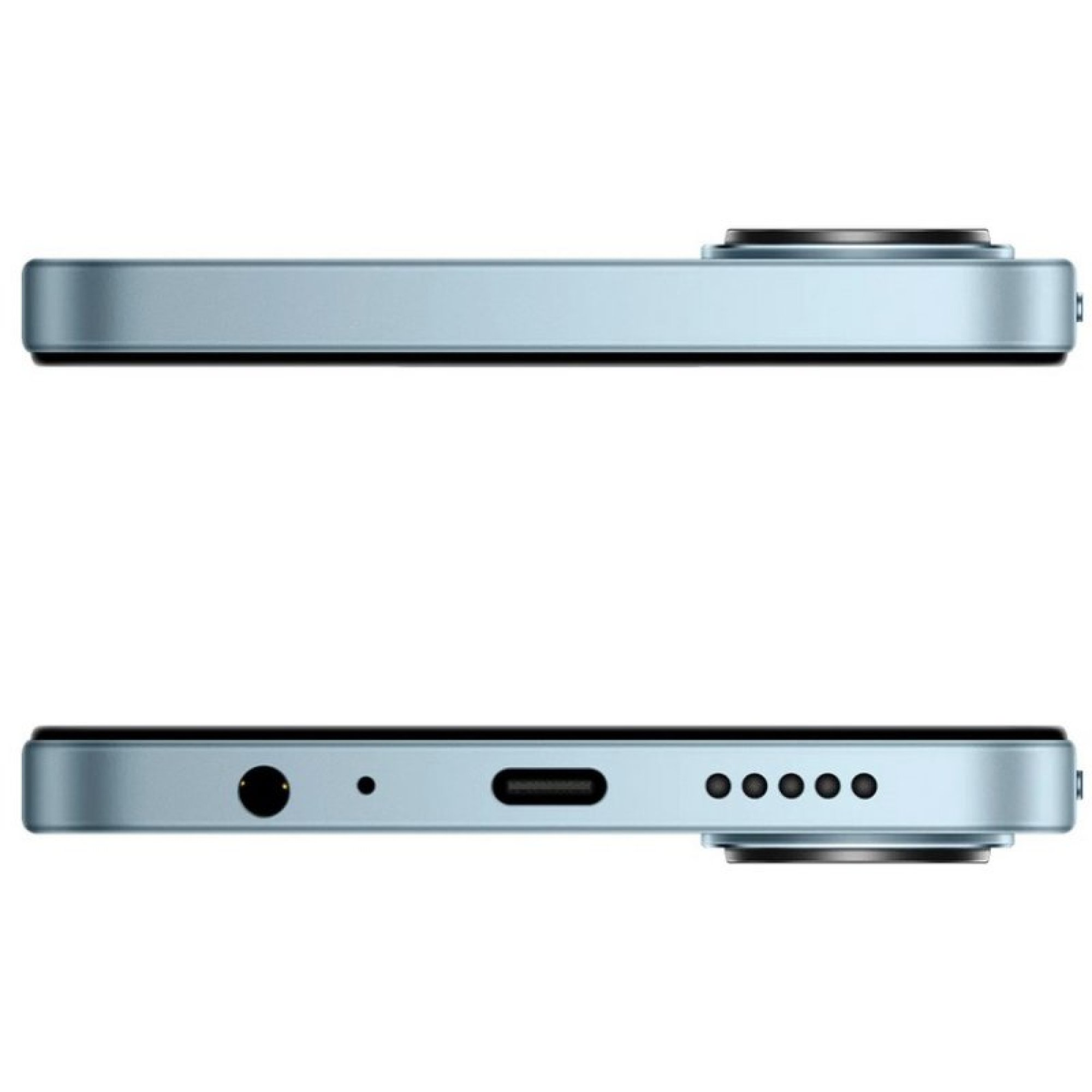 Widoki boku niebieskiego smartfona z gniazdem słuchawkowym, portem USB-C i maskownicami głośników.