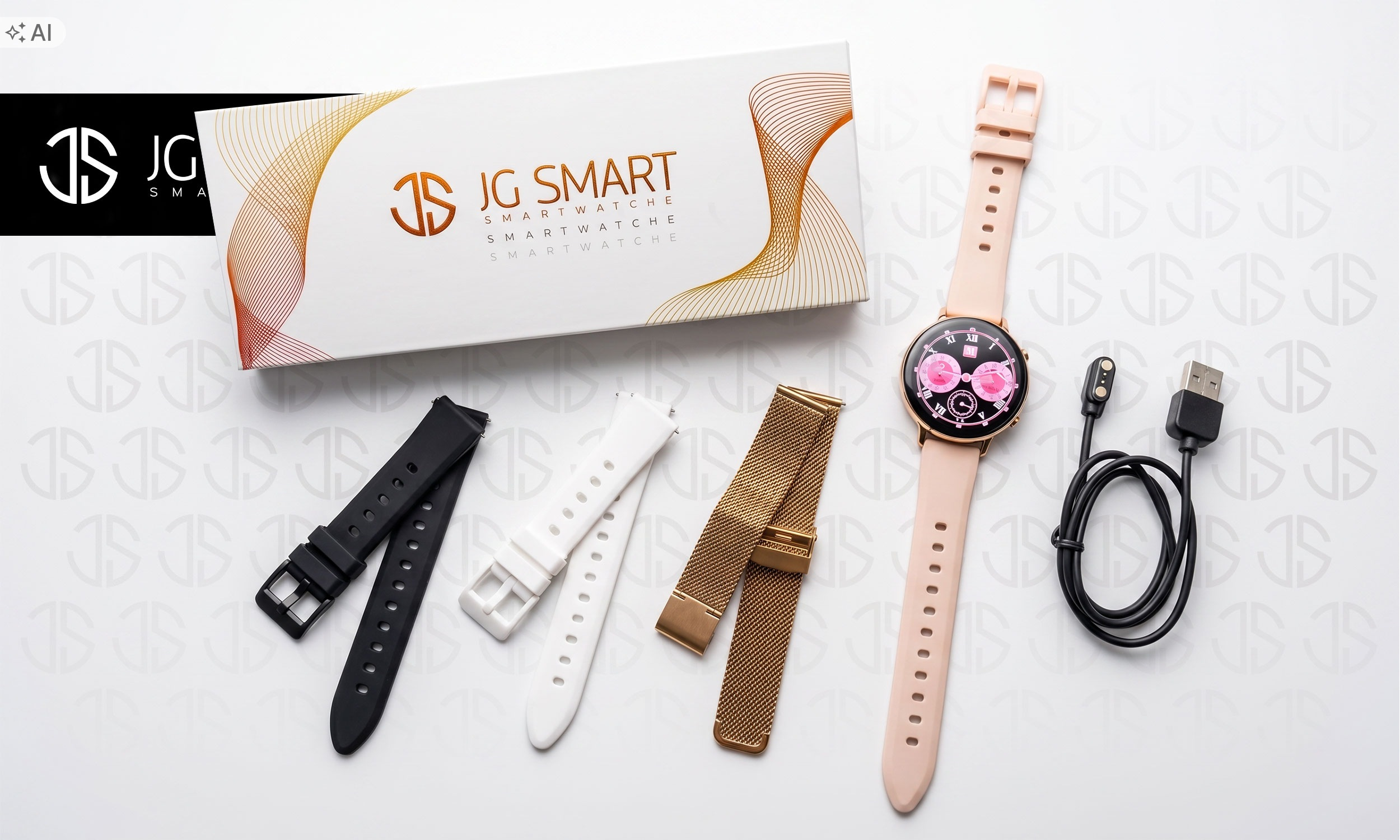 Różowy smartwatch z pudełkiem, kablem USB i trzema wymiennymi paskami w kolorze czarnym, białym i złotym.