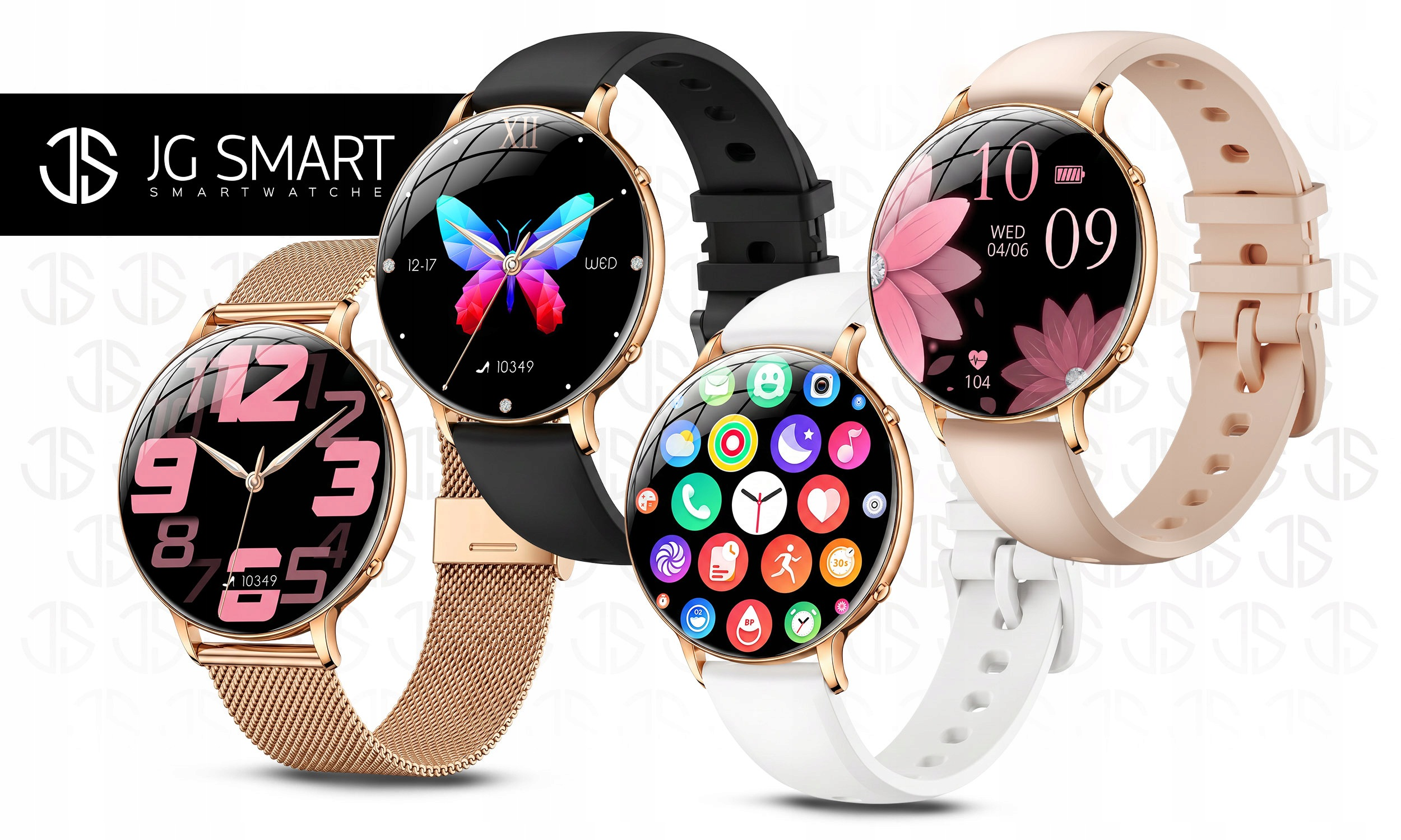 Cztery smartwatchy z okrągłymi tarczami i różnymi paskami w kolorze złotym, czarnym, białym i beżowym.