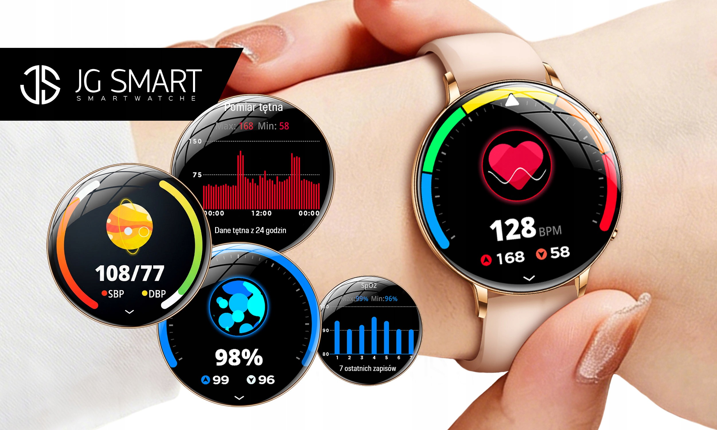 Różowozłoty smartwatch JG na nadgarstku z czterema ekranami pokazującymi tętno i SpO2.
