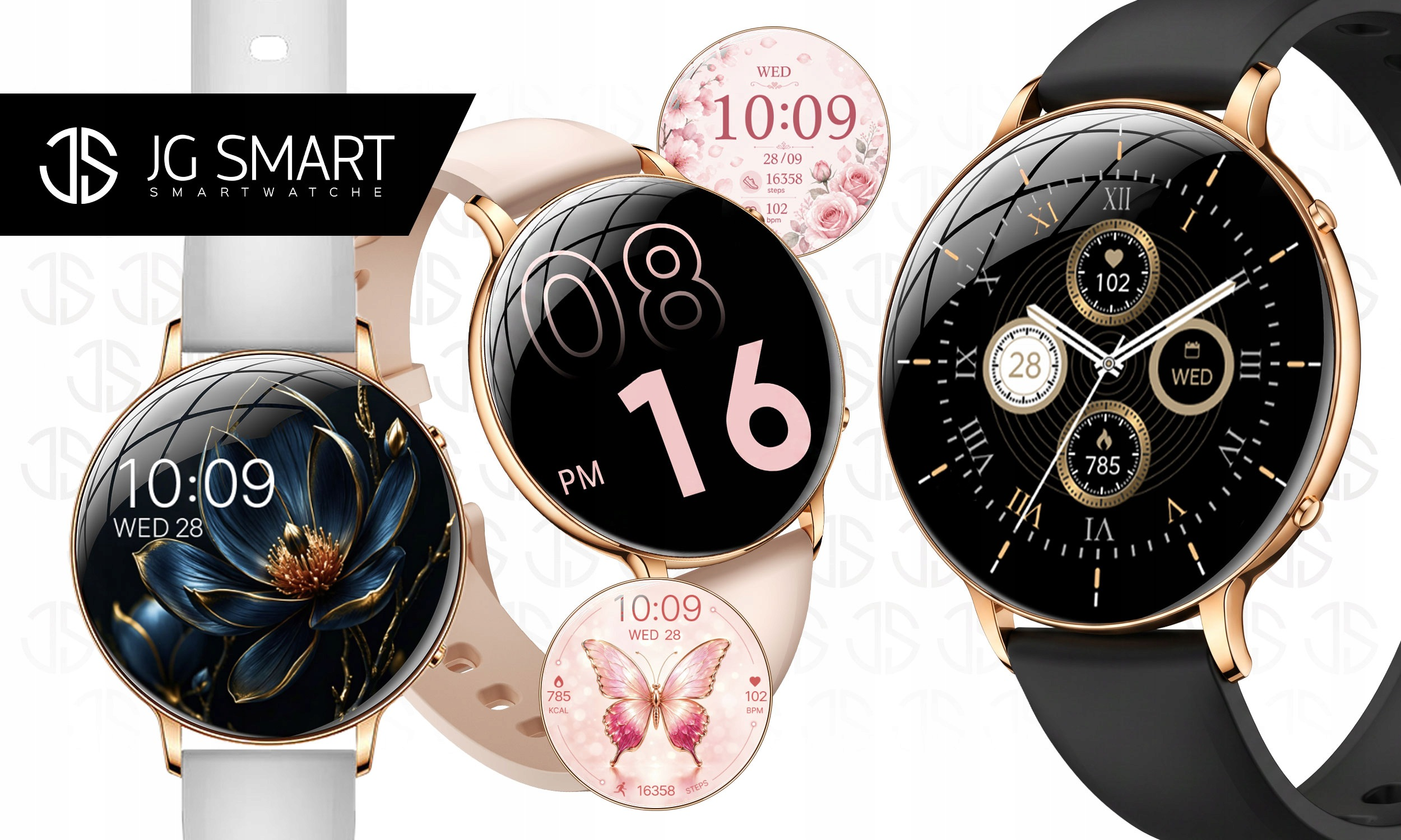 Trzy smartwatchy JG Smart z okrągłymi ekranami wyświetlającymi różne tarcze, na jasnym tle.