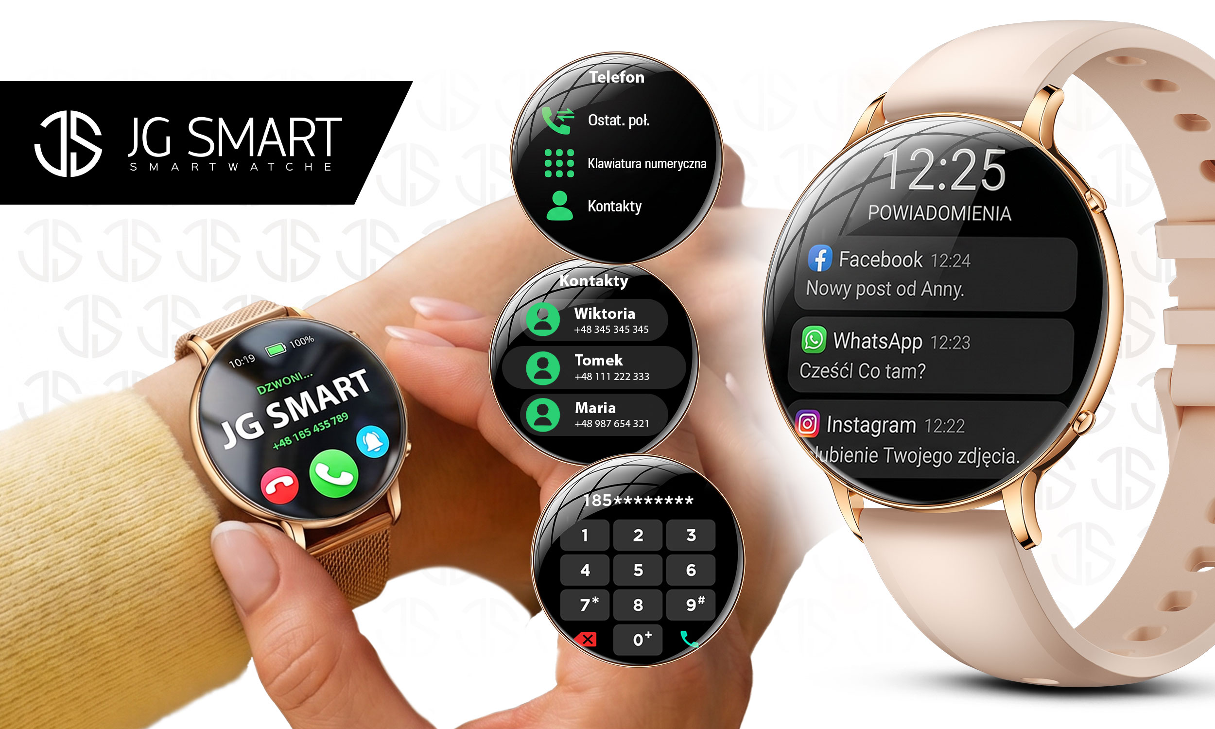 Złoty smartwatch z okrągłymi ekranami wyświetlającymi połączenia i powiadomienia.