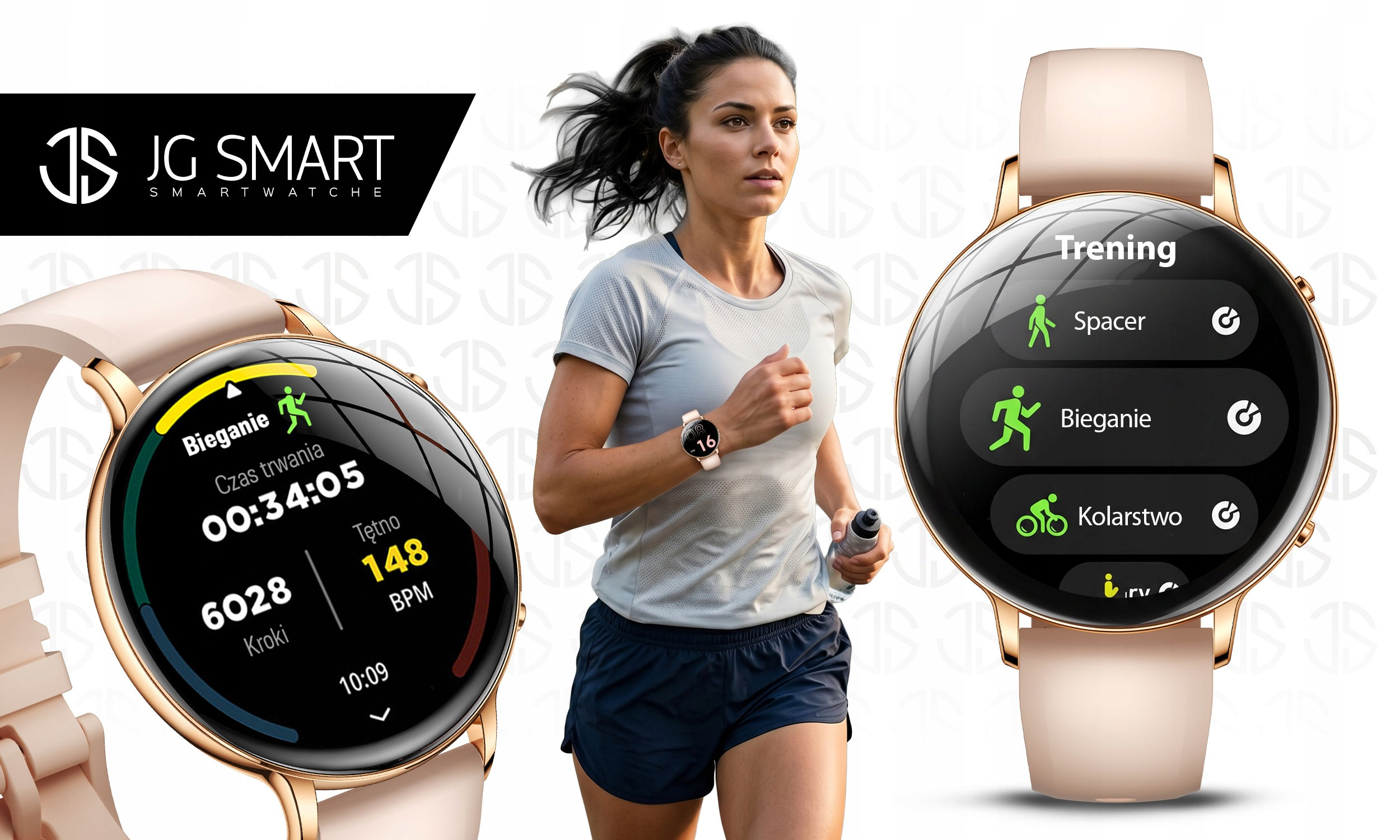 Biegająca kobieta w otoczeniu dwóch okrągłych smartwatchy z danymi treningowymi.