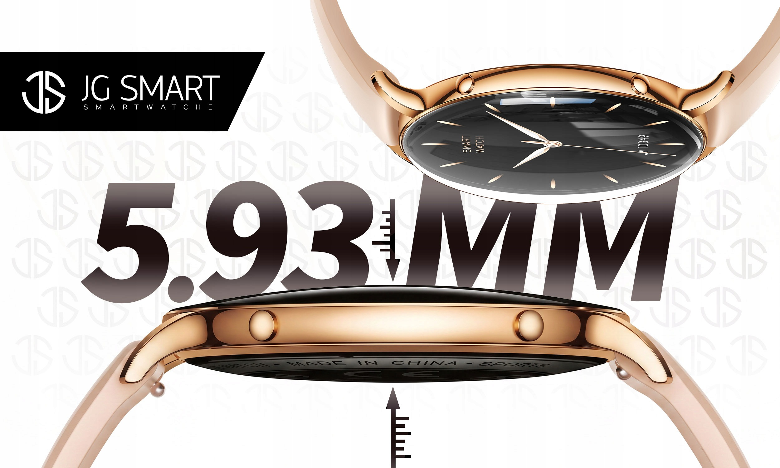 Różowozłoty smartwatch JG Smart pokazany z boku i z góry, podkreślający smukły profil 5.93 mm.