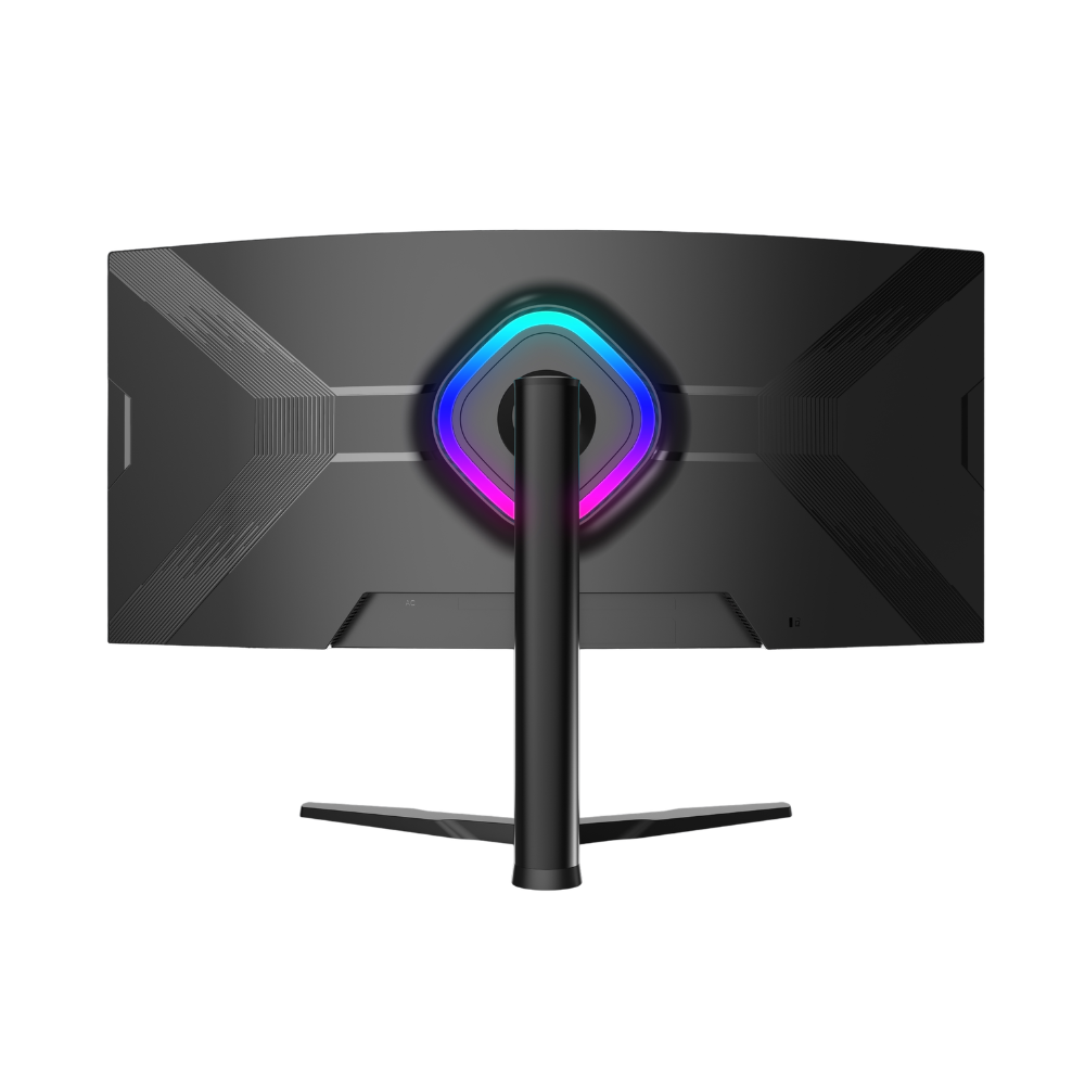 Widok z tyłu zakrzywionego monitora w czarnej obudowie z kolorowym oświetleniem RGB w okrągłym pierścieniu.