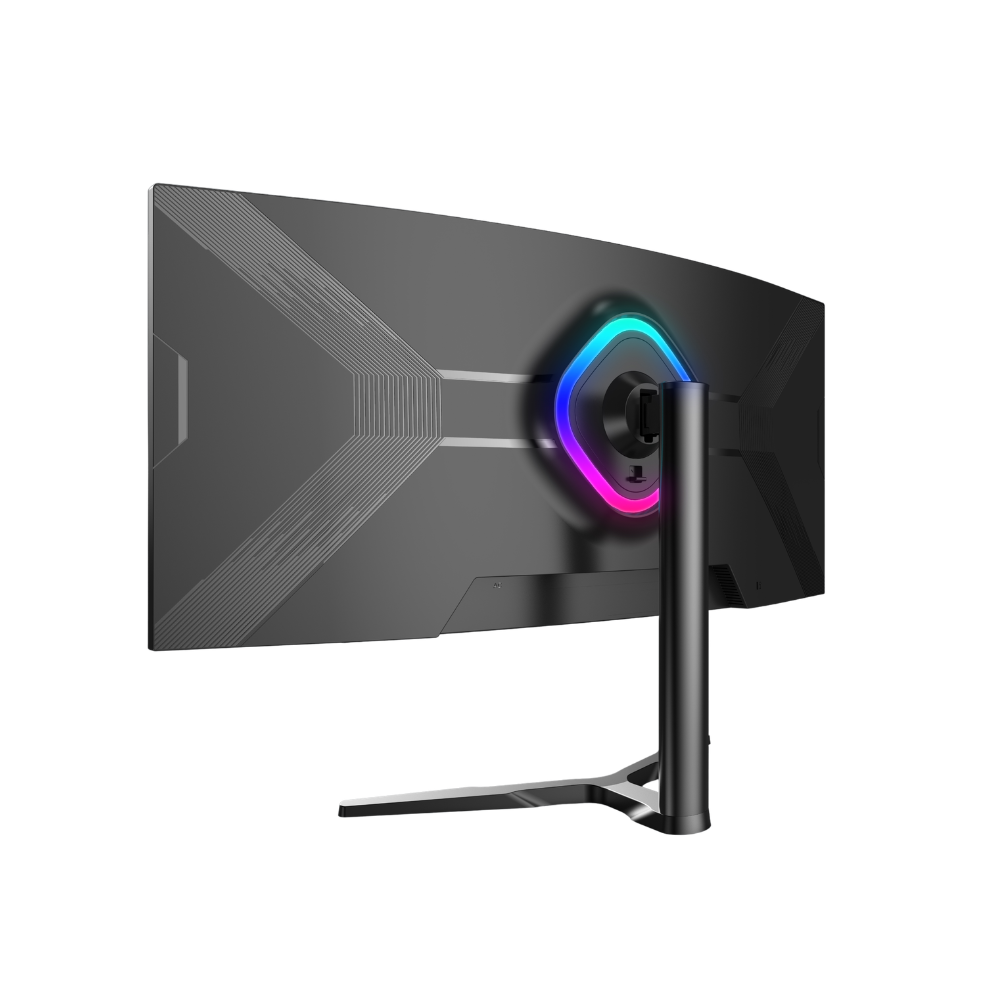 Tył zakrzywionego czarnego monitora z kolorowym oświetleniem RGB wokół stojaka.