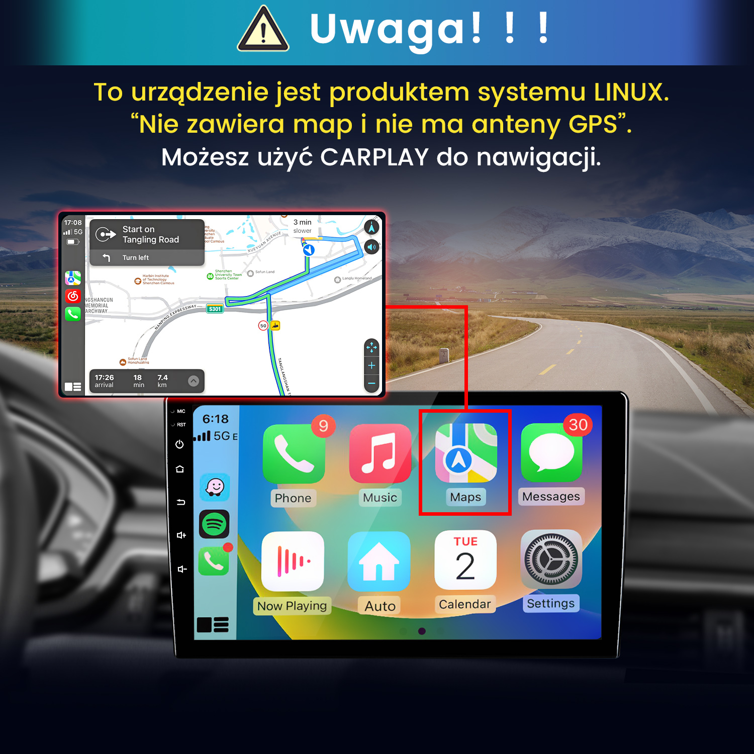 Radio samochodowe Linux z CarPlay, bez map i anteny GPS, pokazuje nawigację przez Apple CarPlay.