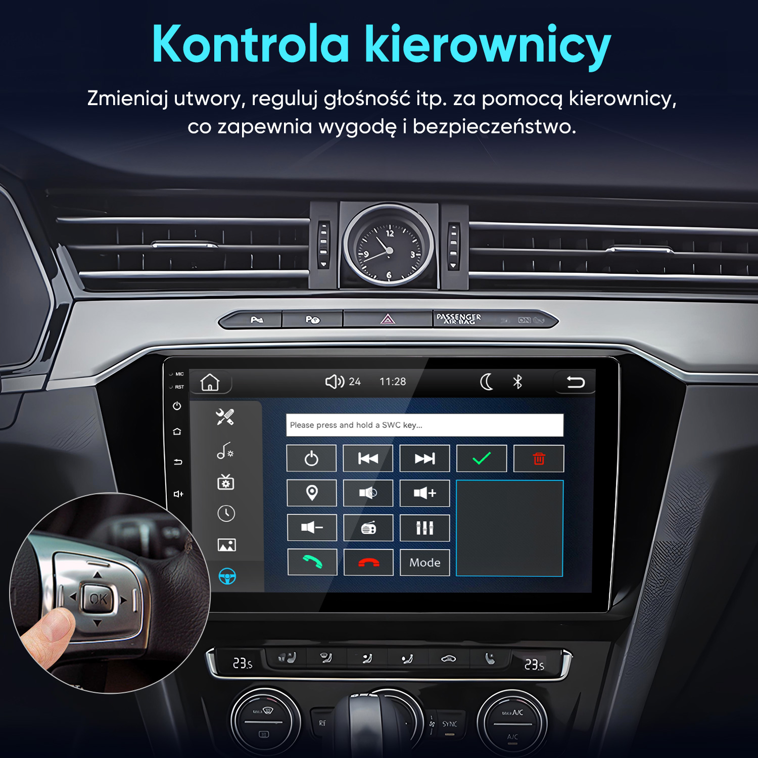 Wnętrze samochodu z systemem multimedialnym, nawiewami i menu sterowania z kierownicy.