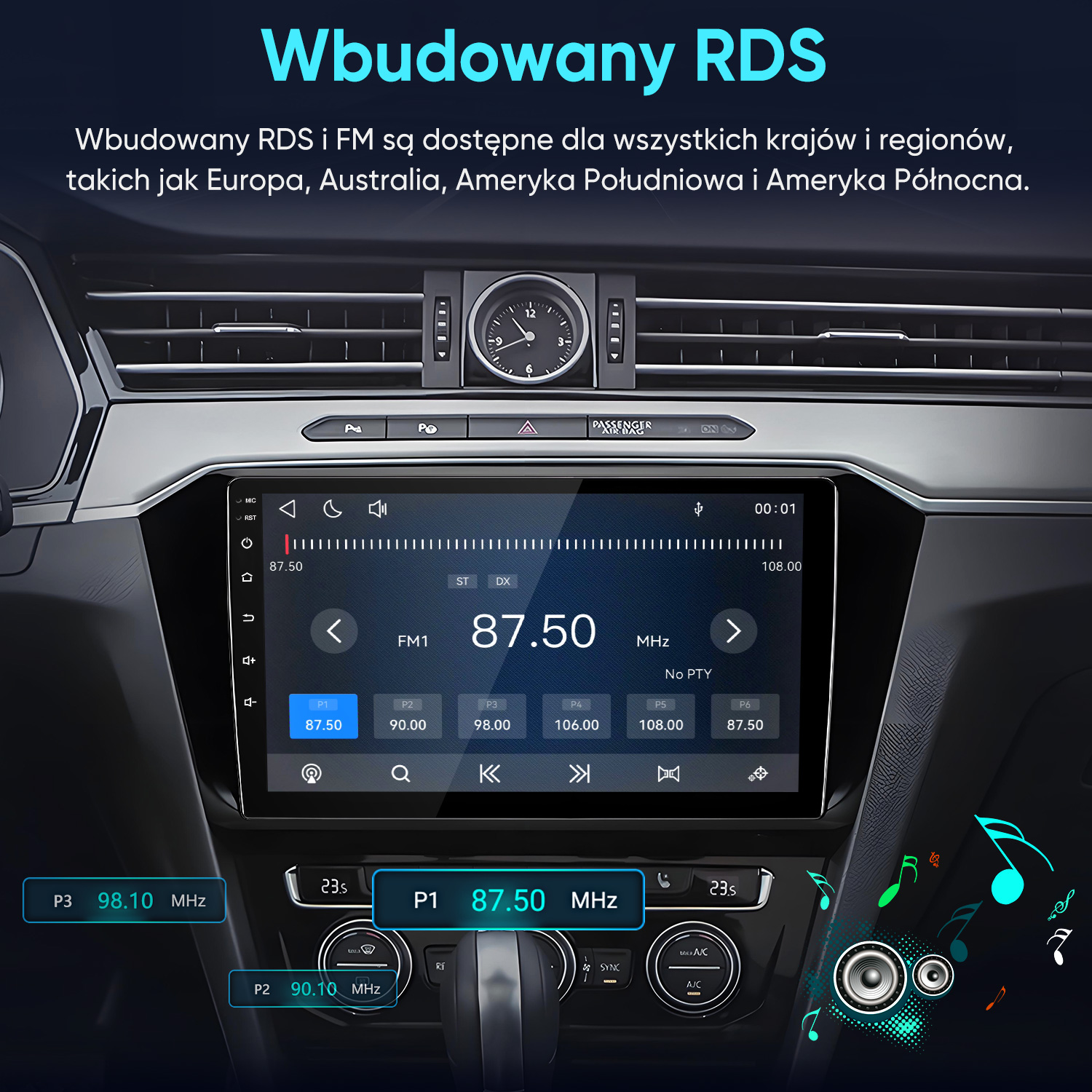 Radio samochodowe z RDS i tunerem FM w desce rozdzielczej, pokazujące częstotliwość i nuty.