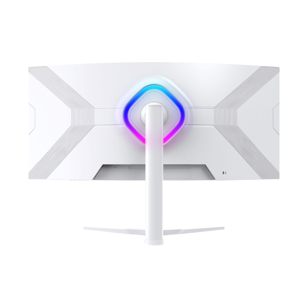 Widok z tyłu białego zakrzywionego monitora z oświetleniem RGB wokół podstawy.