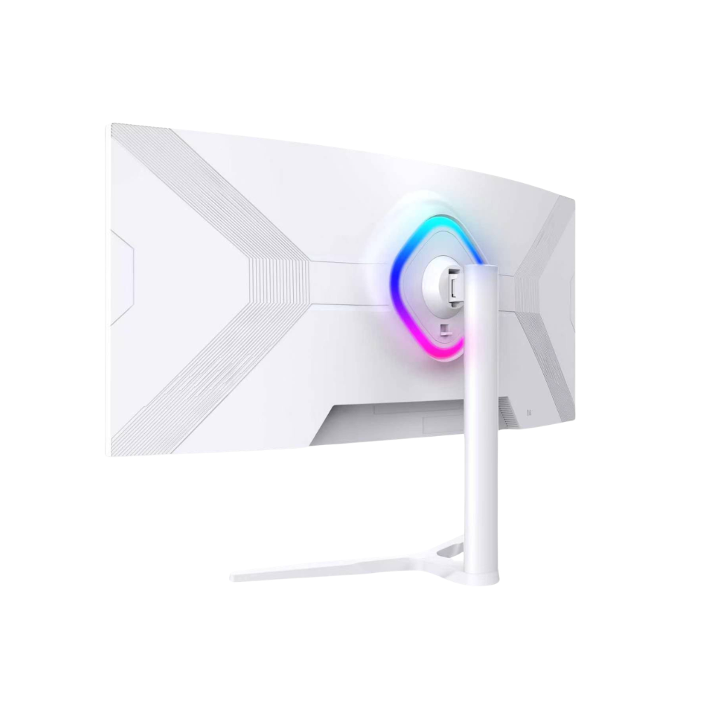 Widok z tyłu białego zakrzywionego monitora z oświetleniem RGB i podstawką na białym tle.