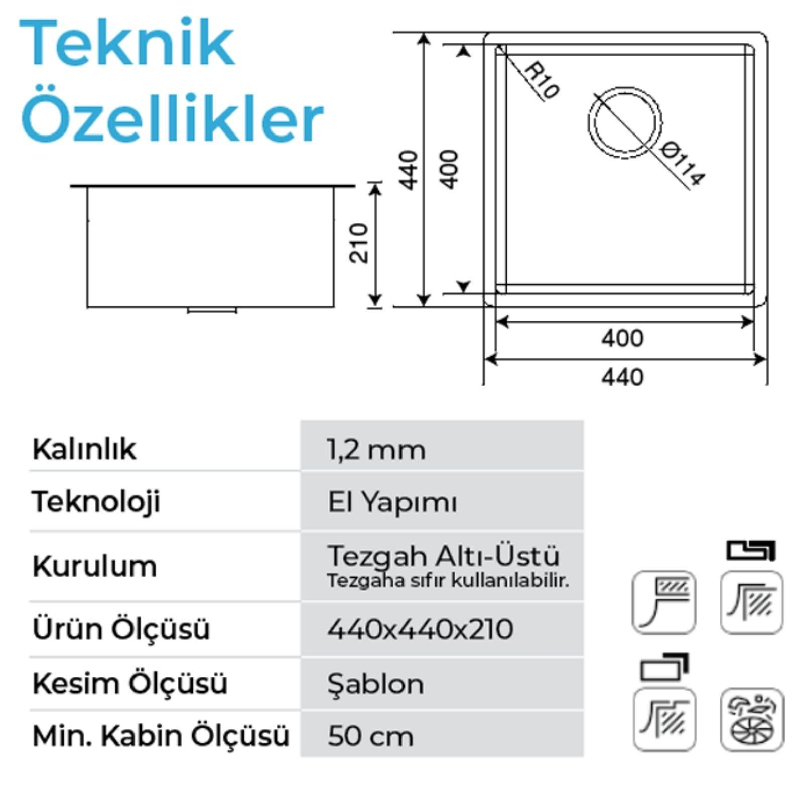 Ölçüleri ve teknik özellikleri gösteren kare evye teknik çizimi.