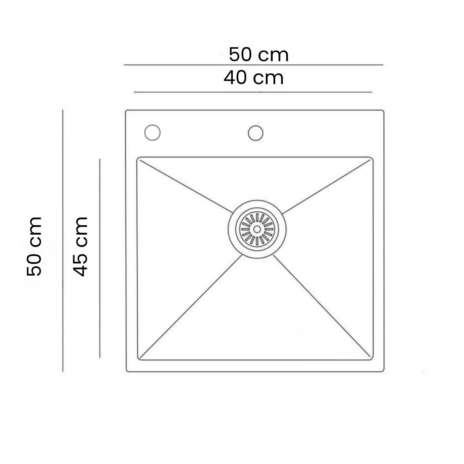 50x50 cm ve 40x45 cm ölçülerinde bir mutfak evyesinin teknik çizimi.