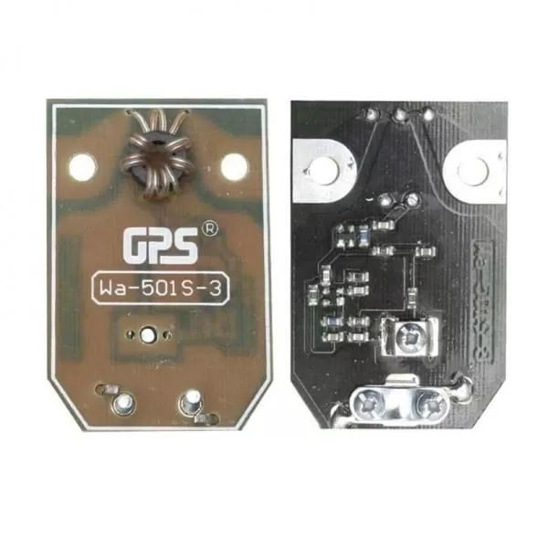 Przednia i tylna strona małej płytki drukowanej GPS Wa-501S-3 z elementami elektronicznymi.