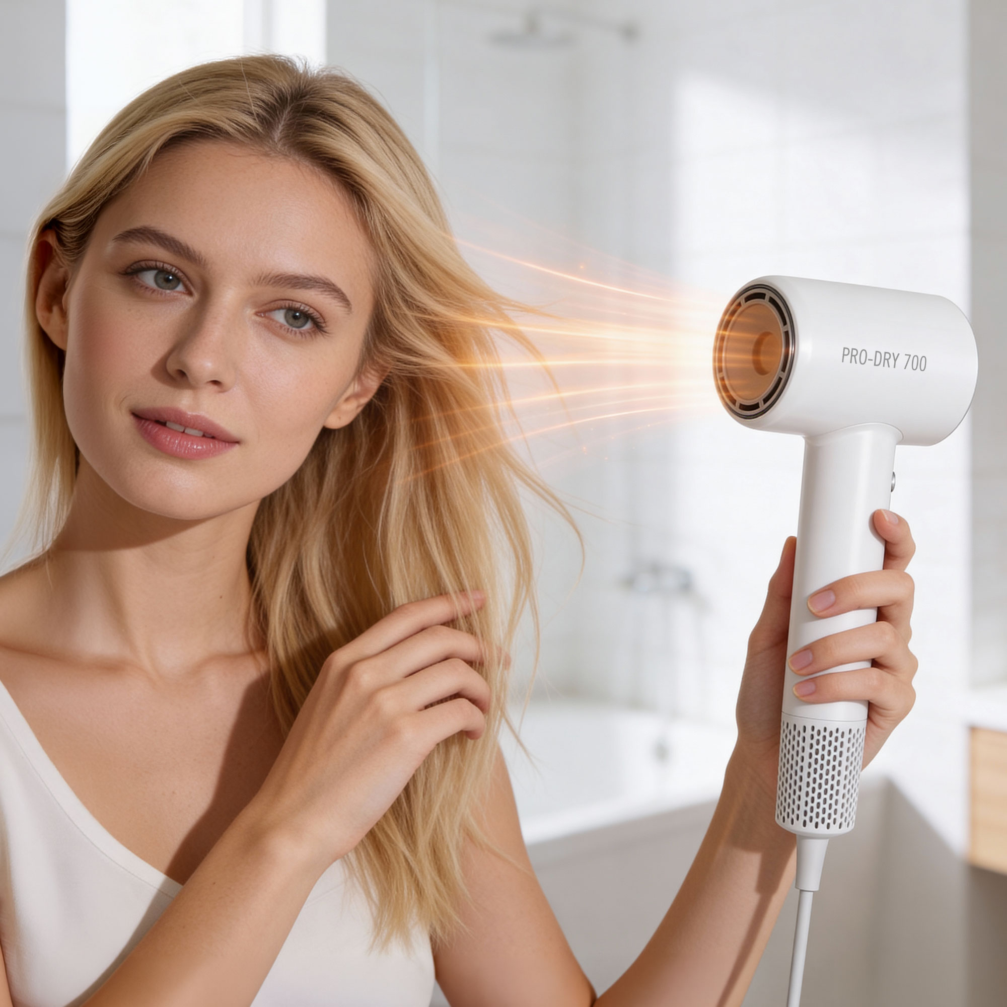 Blond kobieta suszy włosy białą suszarką Pro-Dry 700 w jasnej łazience.