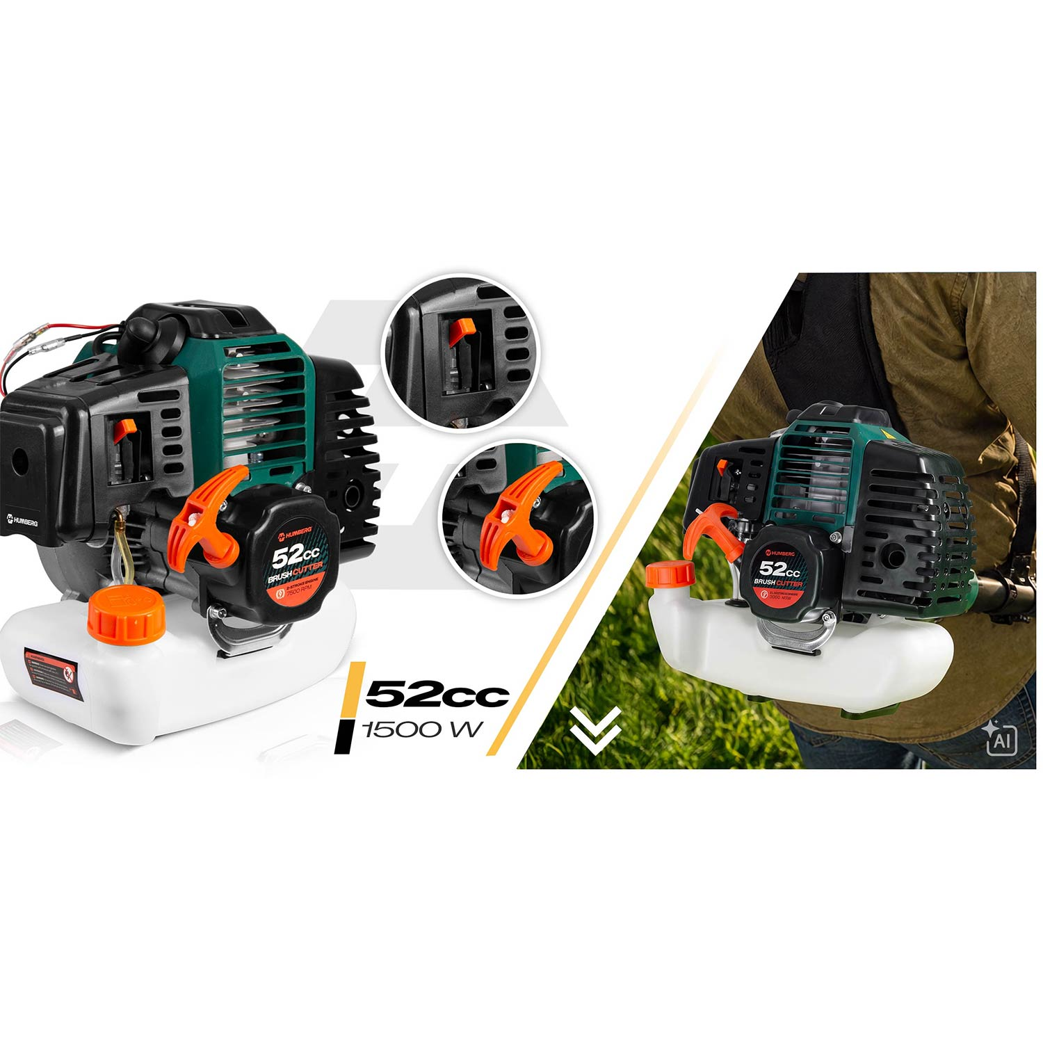 Silnik kosy spalinowej 52cc 1500W w kolorze czarno-zielonym, z zbliżeniami na sterowanie i osobą noszącą go.