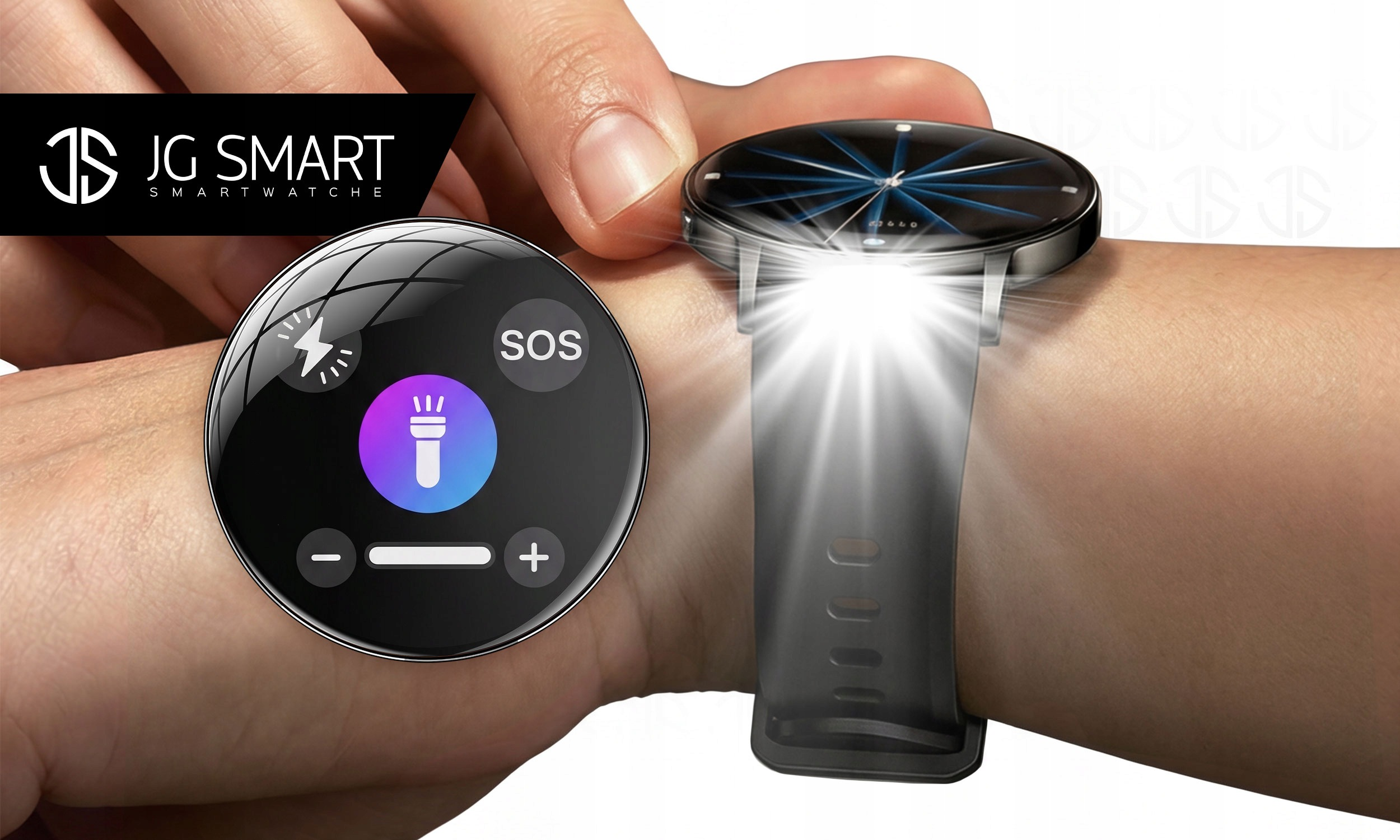 Zegarek typu smartwatch na nadgarstku z wbudowaną latarką i funkcją SOS.