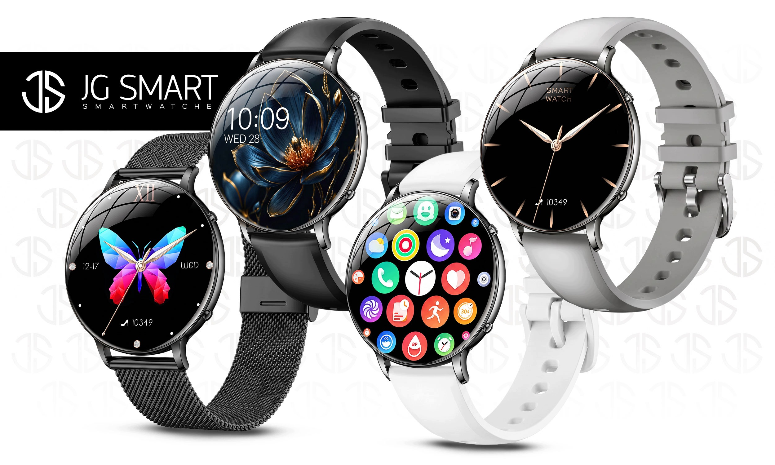 Cztery smartwatche JG Smart z różnymi tarczami i paskami na białym tle.